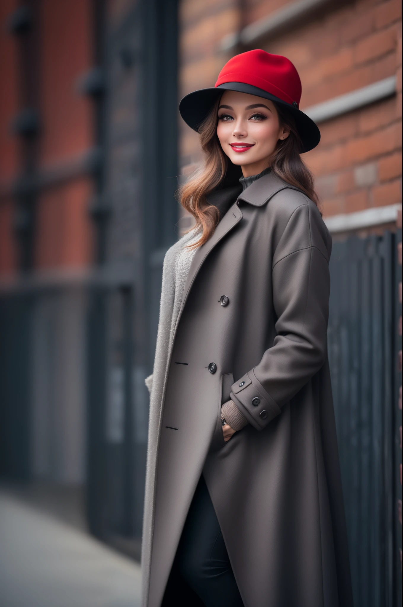 (happy woman in black coat,red hat,posing for picture:1.1,70mm portrait:1.1,fashion model:1.2)+ (best quality,4k,8k,highres,masterpiece:1.2),ultra-detailed,(realistic,photorealistic,photo-realistic:1.37),vivid colors,studio lighting+(portraits,fashion photography,concept artists)+ (black and red,dramatic lighting,muted tones)+ (smiling face,expressive eyes,beautiful detailed lips)+(long black coat,stylish red hat,posing with confidence)+(urban setting,brick wall background,fall season ambiance)+(striking pose,eye-catching composition,model confident and chic in style)+(sophisticated fashion,high-end clothing,expensive accessories)+(sharply focused shot,crisp details,clear and defined lines)+(minimalist makeup,elegant hairstyle,perfectly styled hair)+(dynamic and energetic vibe,positive and happy expression,joyful mood).