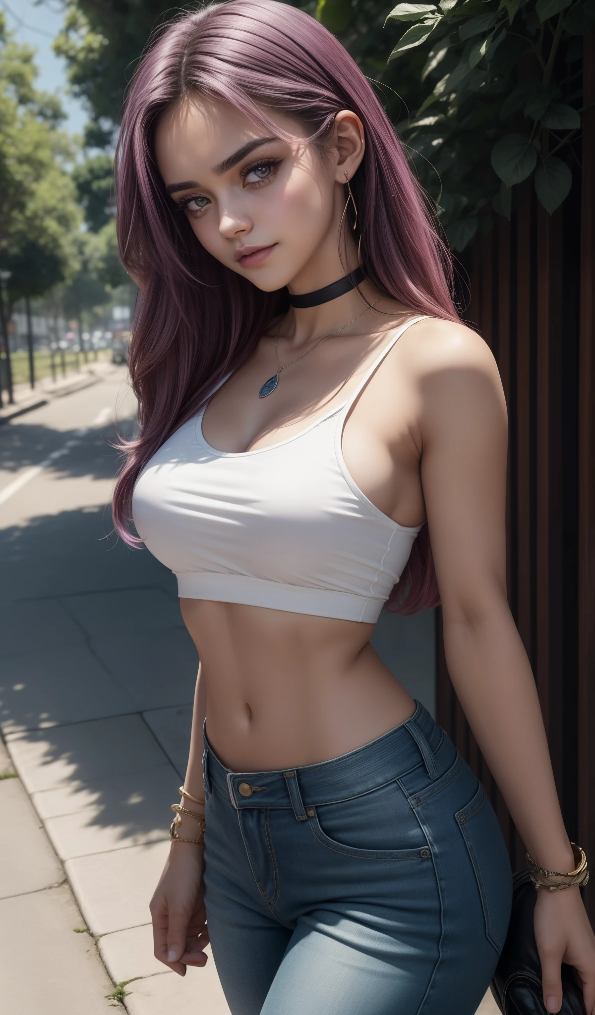 (masterpiece:1.4), (8k, photorealistic, RAW photo, best quality: 1.4), japanese, (1girl), beautiful face, (realistic face:1.4), (pink hair, long hair:1.3), beautiful hairstyle, realistic blue eyes, beautiful detailed eyes, (realistic skin:1.3), beautiful skin, attractive, ultra high res, ultra realistic, highly detailed, golden ratio, (detailed face:1.4), looking at viewer, open white shirt, (realistic medium breasts:1.4), standing, hand on hip, transparent shirt, (braless:1.4), nipples_out, short jeans, shorts, nsfw, city street, dynamic lighting,((characters play)),smiling