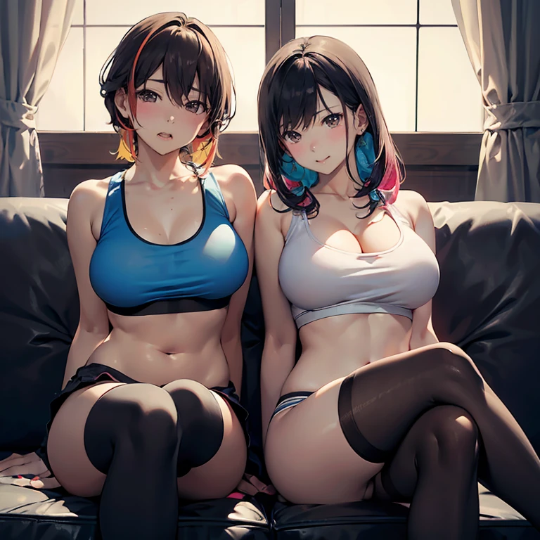 (Best Quality,High resolution,(Ultra high definition,4K), (Ultra High Resolution,8K),masutepiece:1.2),(Perfect Anatomy,Anatomically accurate),(Beautiful lighting, 光线追踪), (2 cute girls),(High-definition beauty face),(sitting on the sofa in the lobby), (knit Cardigan),(Sportsbra),(stockings), (Crisp double eyelids), (fascinated expression),(Large breasts:1.3),NSFW,(Soft skin),(Photorealistic),(Glowing skin),(multicolored hair),(Hide the udder)