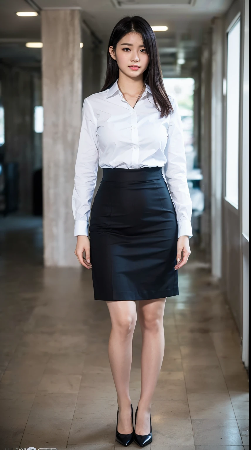 (Best Quality, High Quality,Ultra Quality:1.3),(depth of field:1.3) ,((front body:1.35)) ,Japanese woman,20 years old, Women's black suit with collared shirt, tight-fitting knee-length skirt, huge breasts ,plump,(realskin:1.3),ultra realistic photo, (looking at viewer:1.3), (full body shot:1.2),standing,Inside the city
