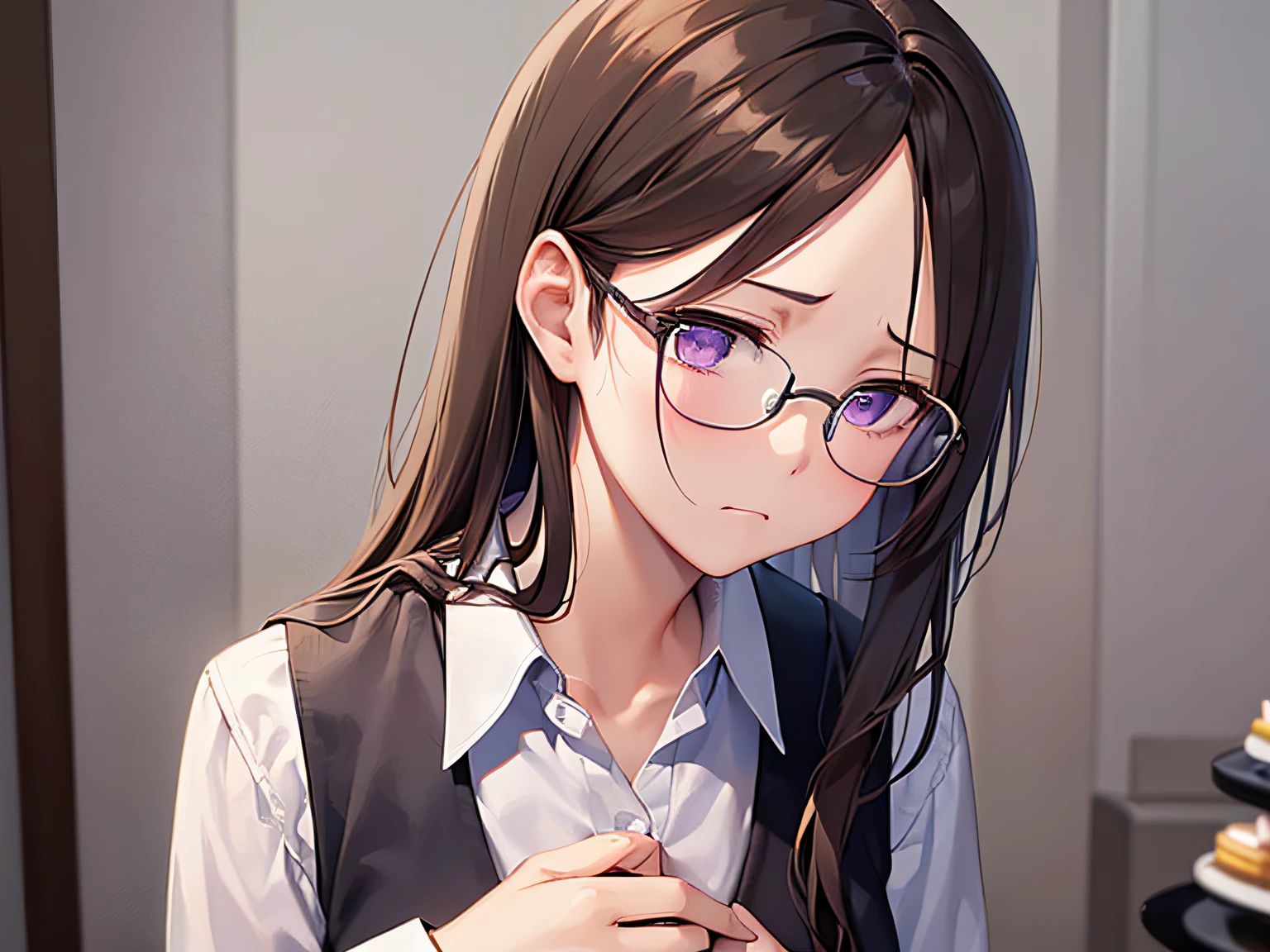 masterpiece、hightquality、25 year old woman with long brown hair and purple eyes、wears glasses、Wearing a gray suit、white shirt、hands on chest、(Alone:1.5)、(Sad look:1.1)、(Only the upper body is shown.:1.3)、Shooting from above the subject、Bold composition、I'm at a cake shop