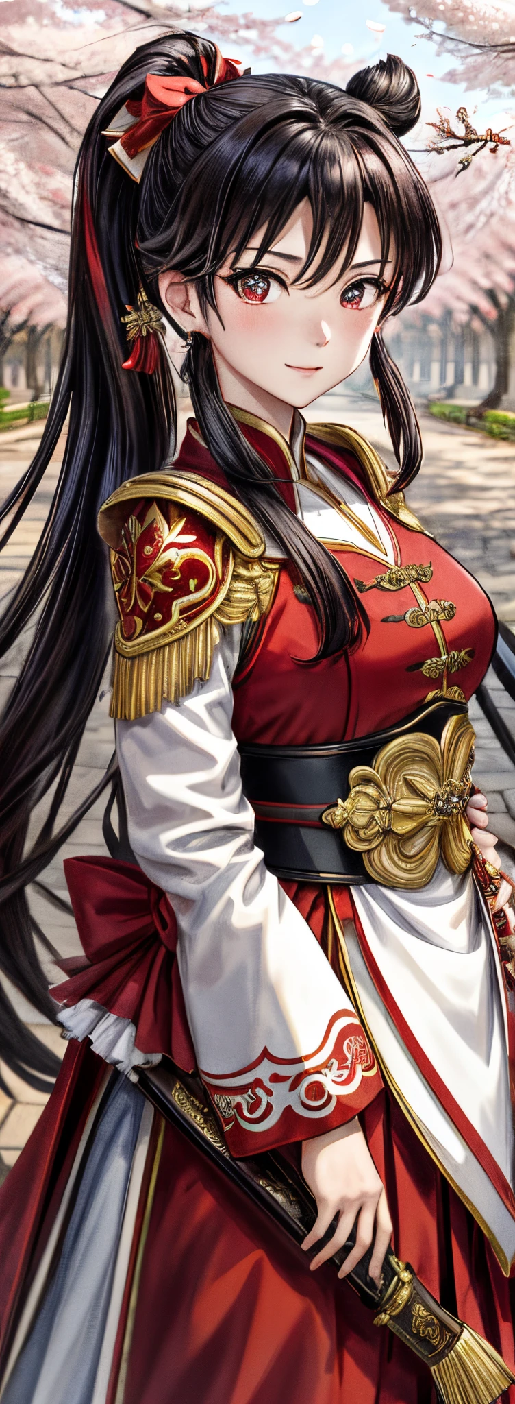 (Best quality at best, A high resolution, tmasterpiece:1.2), ancient wind, One wearing red costume,A girl with an extremely delicate face, extremely cute, beautiful charming. Surrounded by countless palaces, There is a red cherry blossom tree. her eyes are red, And the artwork is anime style,heroic,Handsome and compelling,black ponytail,Wearing armor outside,Mature and sexy,mighty