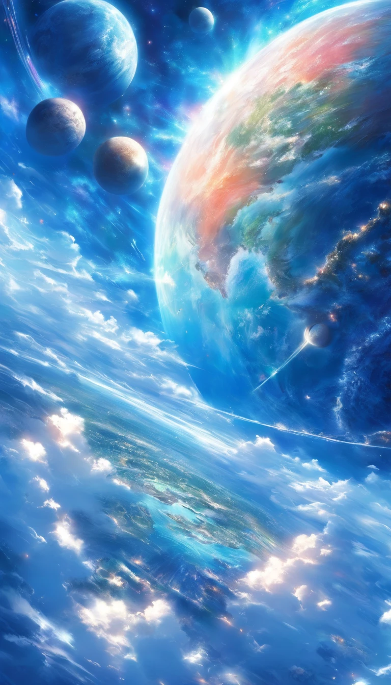 view from space, anime styled, huge blue planet, has three moons