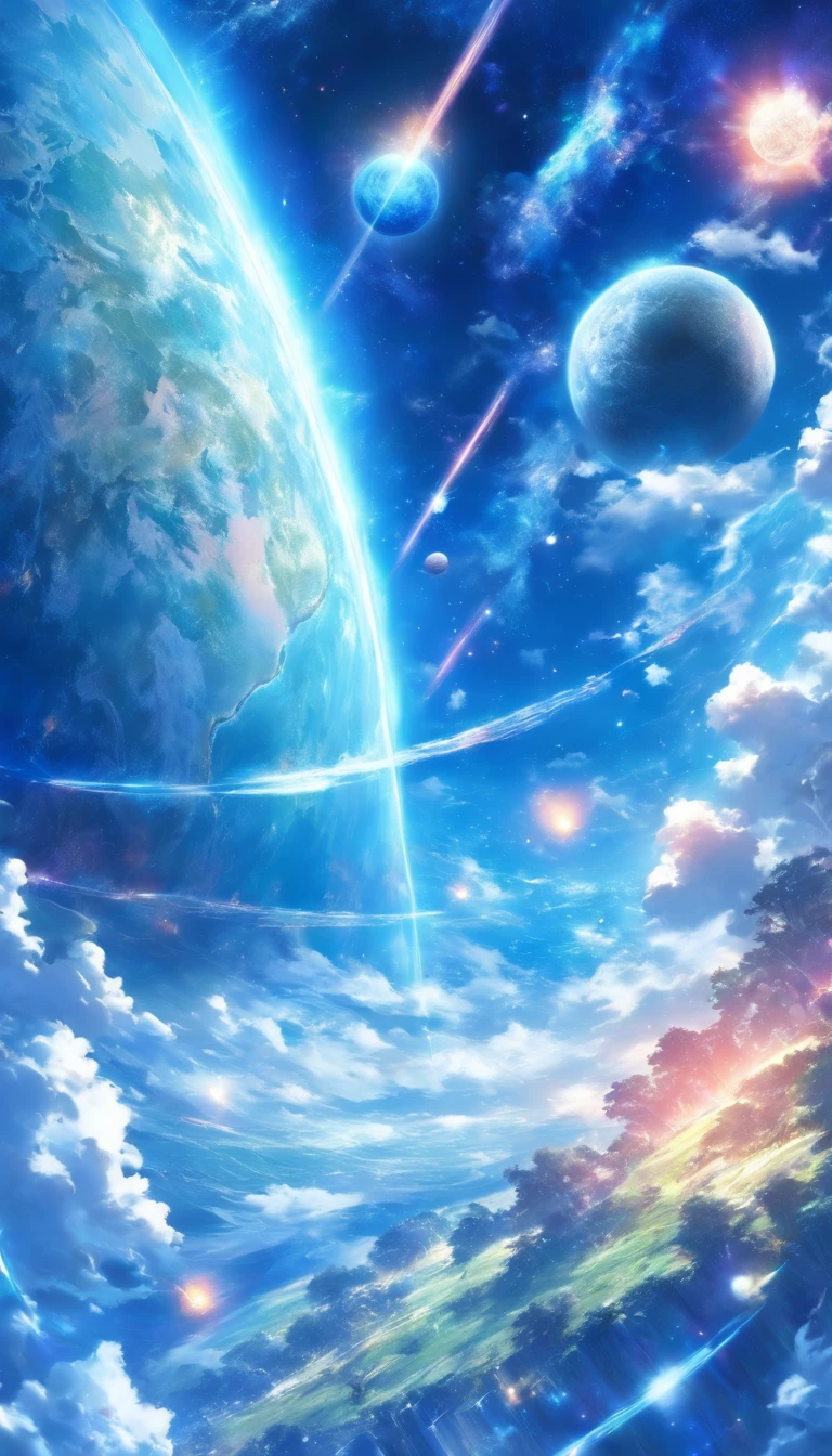 view from space, anime styled, huge blue planet, has three moons