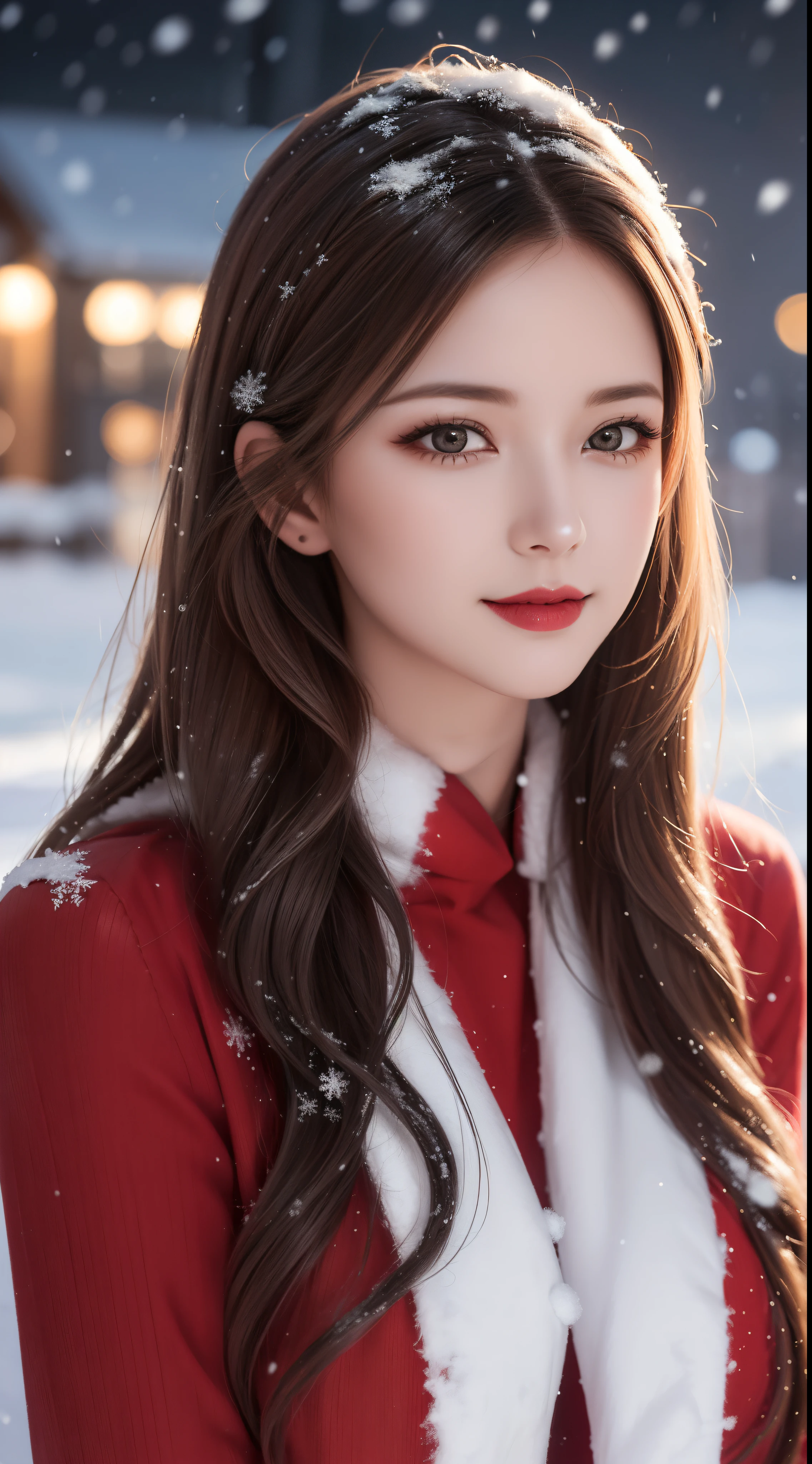 (Aesthetic, Hi-Res: 1.2), Professional Photographer, Outdoor winter scene with snow in the evening, A slight smile, Realistic art, various hair styles and colors, wearing a simple, conservative red boby santa costume, evening, passionate mood, seductive expression, sexy lips, wet lips, seductive closed eyes, seductive look, pose Provocative, Low lighting, Vivid colors.