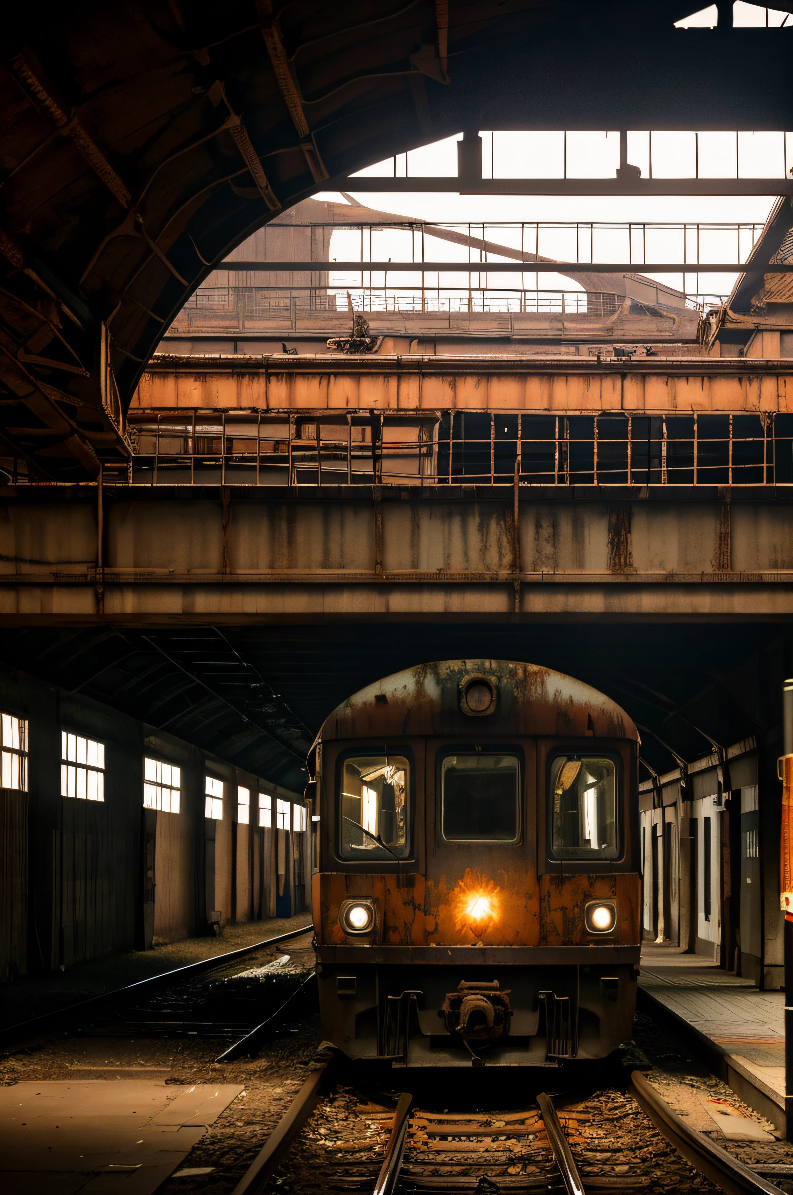 A dark, rusty train abandoned in the middle of a railway station. The train is covered in rust and dirt, showing signs of wear and tear. The station is dimly lit, creating a moody atmosphere. The train tracks are visible, leading into the distance.
