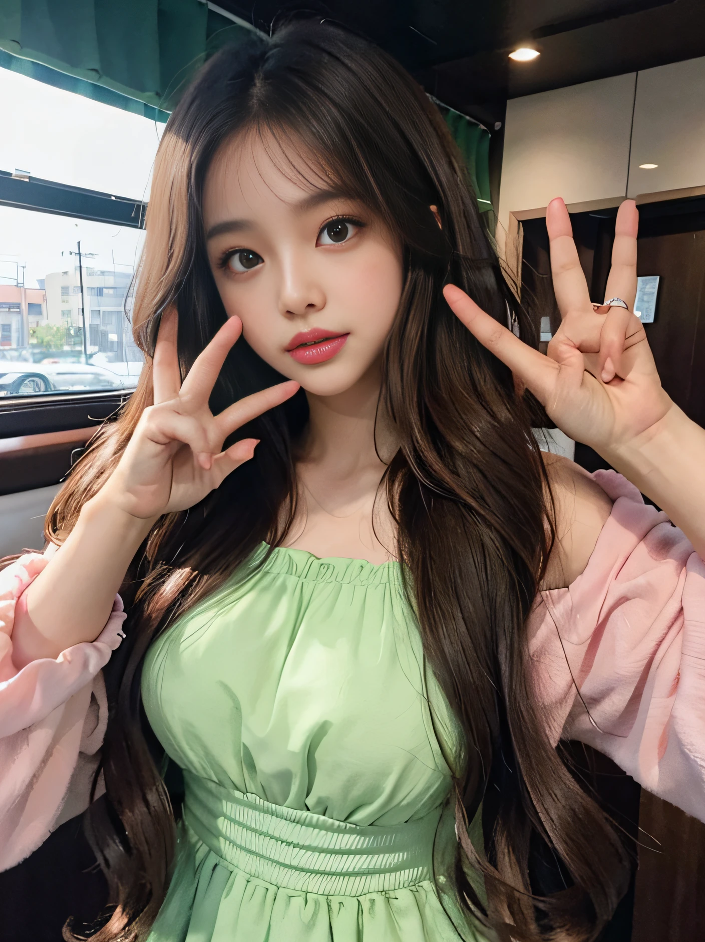 Wavy long hair, Brown hair, 1girl in, emerald eyes, Wave your hand with two fingers, Pink lips, Pastel green dress,