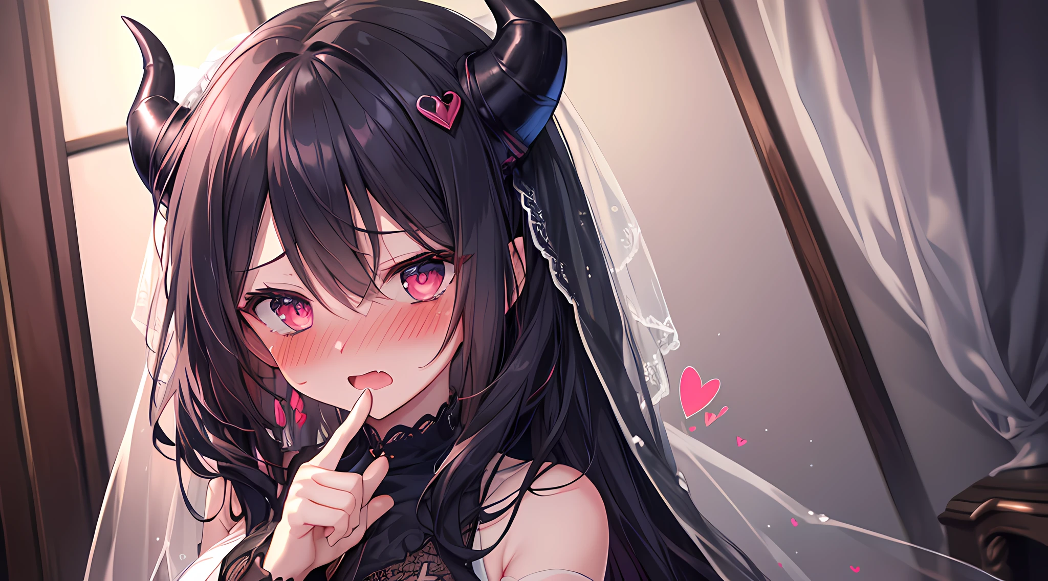 masterpieces, 8k, ultra HD, prim, clothing, elegant pose, hand, demon girl, demon horns, white veil, black hair, glare, (blushing: 1.5), open mouth, licking finger, heart eyes, bedroom