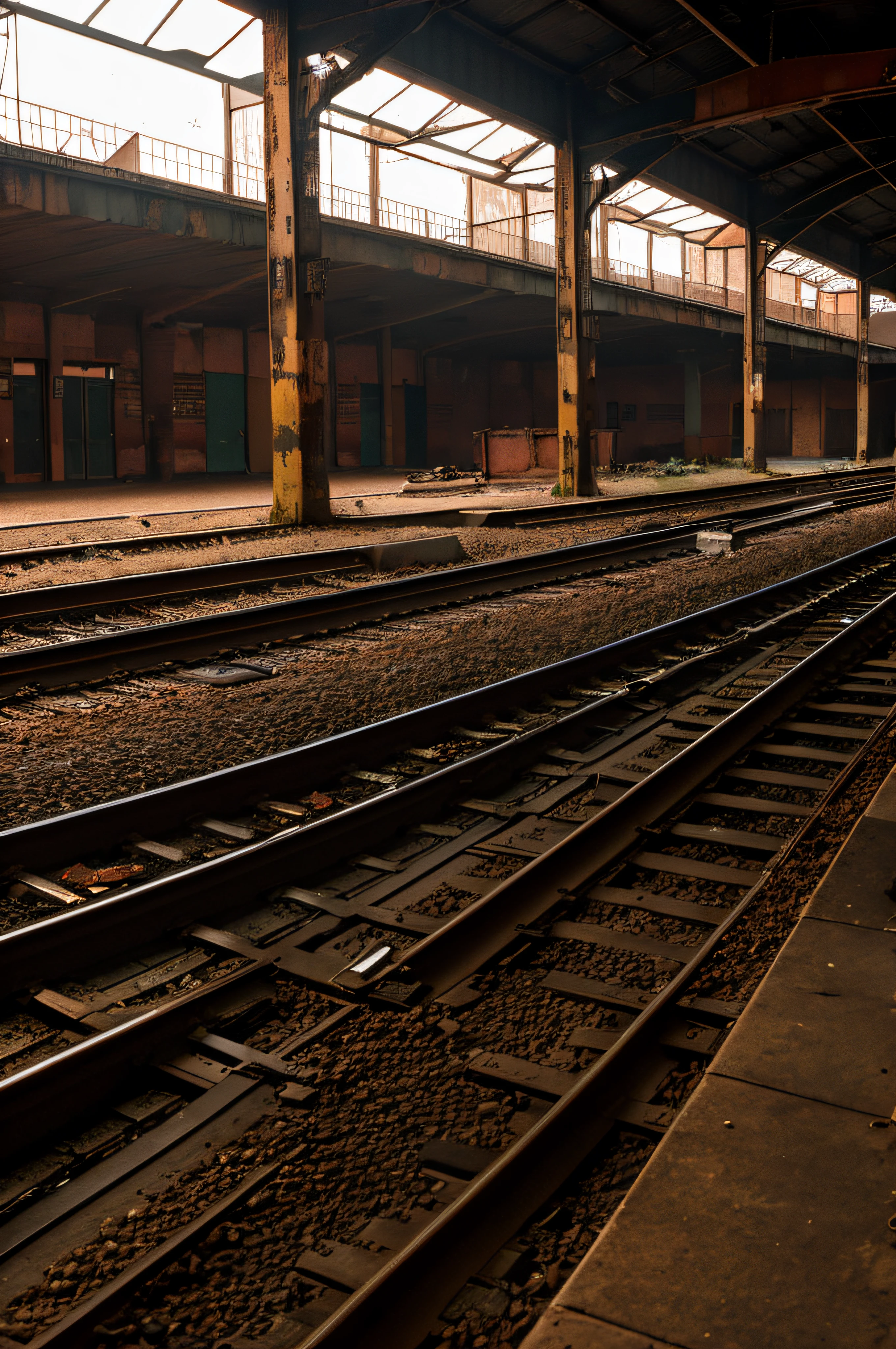 A dark, rusty train abandoned in the middle of a railway station. The train is covered in rust and dirt, showing signs of wear and tear. The station is dimly lit, creating a moody atmosphere. The train tracks are visible, leading into the distance.