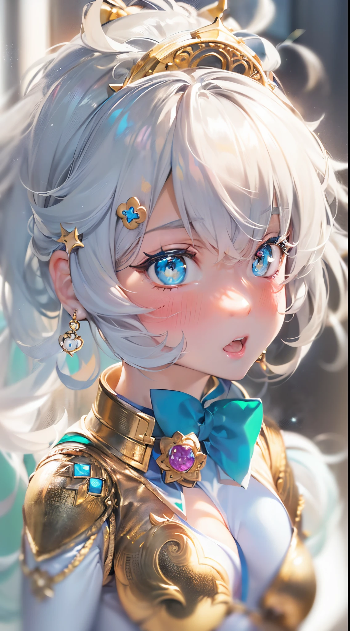 1womanl,Golden head hair,ar old Impatient expression)),Beautiful breasts,(((Sexy magical girl white and blue high-leg bodysuit)))(())(((Blushing cheeks、Surprised look)),((())),((( portlate))),Blue eyes,(((Bangs are aligned)))()Street,Crowds(magical girl hair ornament)