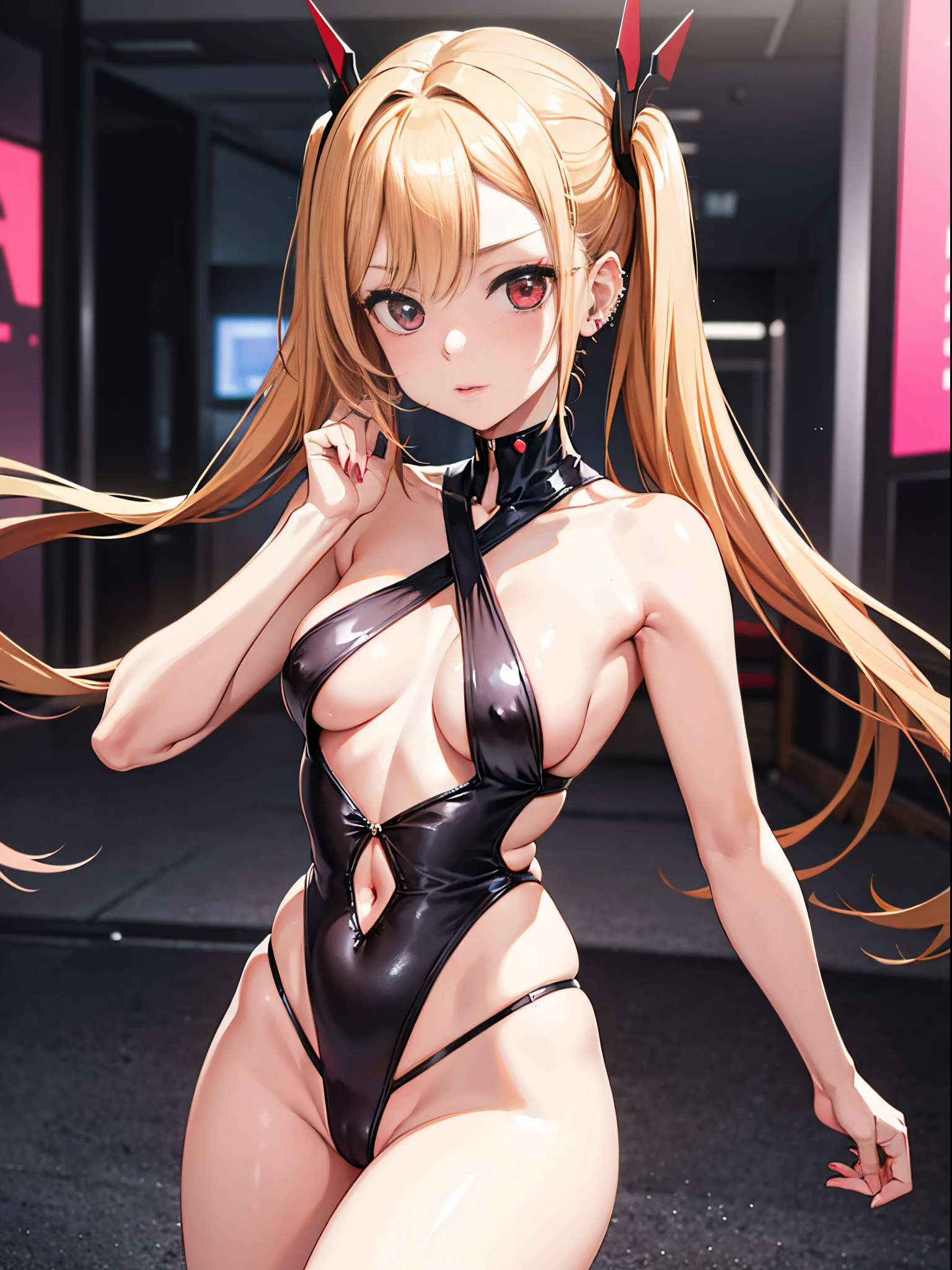 hight resolution, absurdres, best_Quality, Ultra_Detailled, 8K, extremely_clear, photo, beautiful, Beautiful face, Scharp Focus, HDR, 1girl, Clean eyes, very wide-eyed,cyberpunk megacity background , hanabi, Beautiful face, very red , standing , very  pose, very young, teen, no bra,  , No Top, , Blond long hair with red ends, pierced ears, marin kitagawa, small , twintails