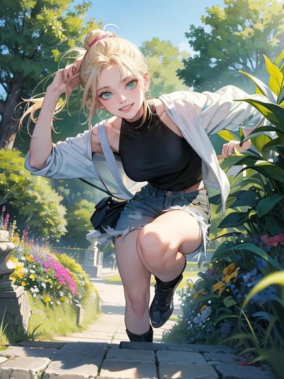 mature woman, medium breasts, tomboyish girl, skater girl, pale blonde hair with bangs,hair tied into a messy half bun, messy hair bright green eyes, pink lips color, grinning at viewer, Surrealism, anime style, depth of field, 8k, super detail, high details, Cinematic lighting, , hyper HD, Masterpiece, High details, detailed light, detailed shadow, detailed background. wearing ripped jeans, full body image, background: flower shop, trees, park, flowers, blue sky