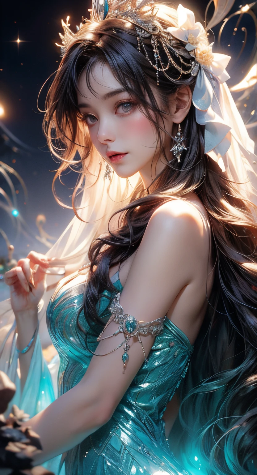 Beautiful girl story wrapped in love, Beautiful eye details, A captivating anime girl gracefully emerges from the pages of a watercolor painting, Her vivid and complex colors are, Bring your artwork to life, (see-through transparent clothes, transparent costume:1.5), She dons an extraordinary fantasy costume adorned with delicate details, reflecting the enchanting world she inhabits, Luminescent elements, like glowing crystals and ethereal wisps, surround her, casting a soft, otherworldly glow,  The style of watercolor painting is、Imbues the image with a sense of fluidity and delicacy, as if the colors are effortlessly blending and bleeding into one another, Camera shot: medium shot, Soft Focus, luminescent glow　Lighting, watercolor brushstrokes, Sophisticated and very delicate anime illustration, unique colors, Portrait of an anime girl, infinite love, rainbow-colored,  beautiful girl illuminated by seven colors of light,