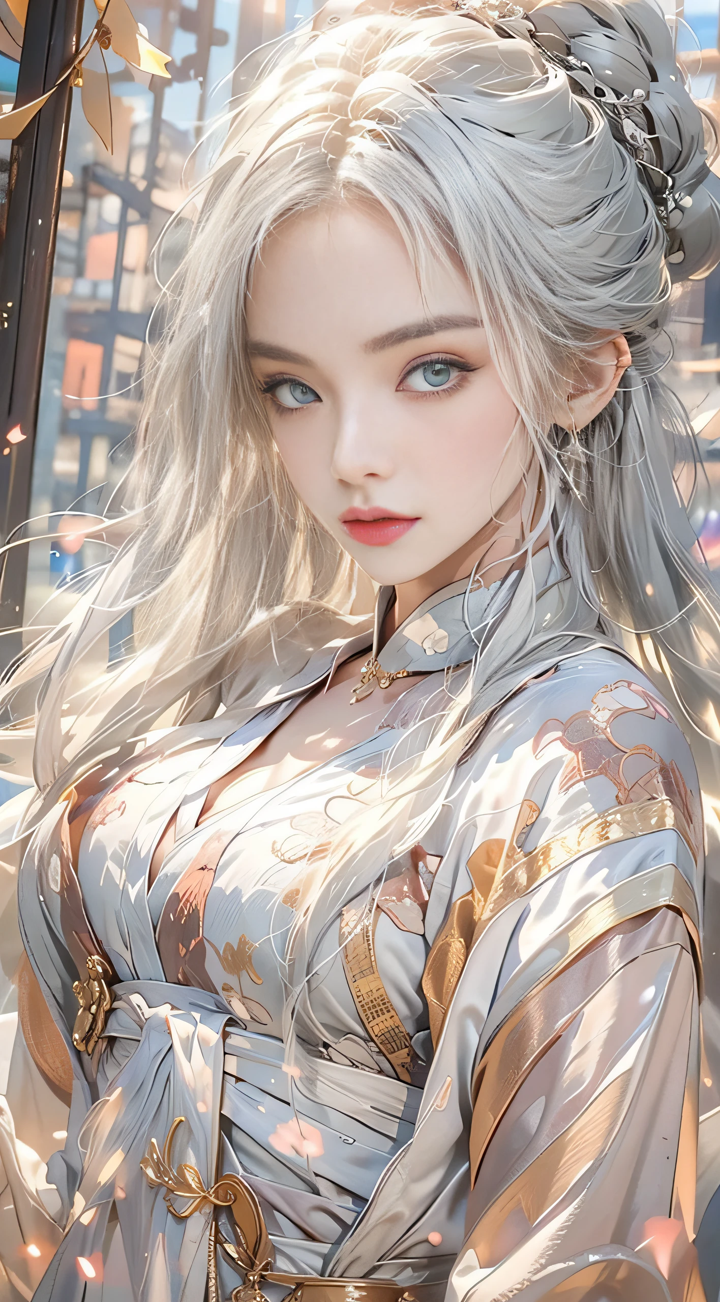 classic, (impasto), (photorealistic: 1.3), (painting), (realistic:1.3), (sketch), portrait, world masterpiece theater, 1 Japanese girl, ((long white hair, black eyes, wide eyes, bangs, long eyelashes, lipstick: 1.3, most detailed)), (bright eyes, Eye reflex, blush: 2), ((((shiny skin: 2))))), (printed kimono, exposed cleavage, exposed shoulders, side shot, upper body close-up, looking to the camera), ((medium breasts): 1.2), solo focus, indoor background, background blur