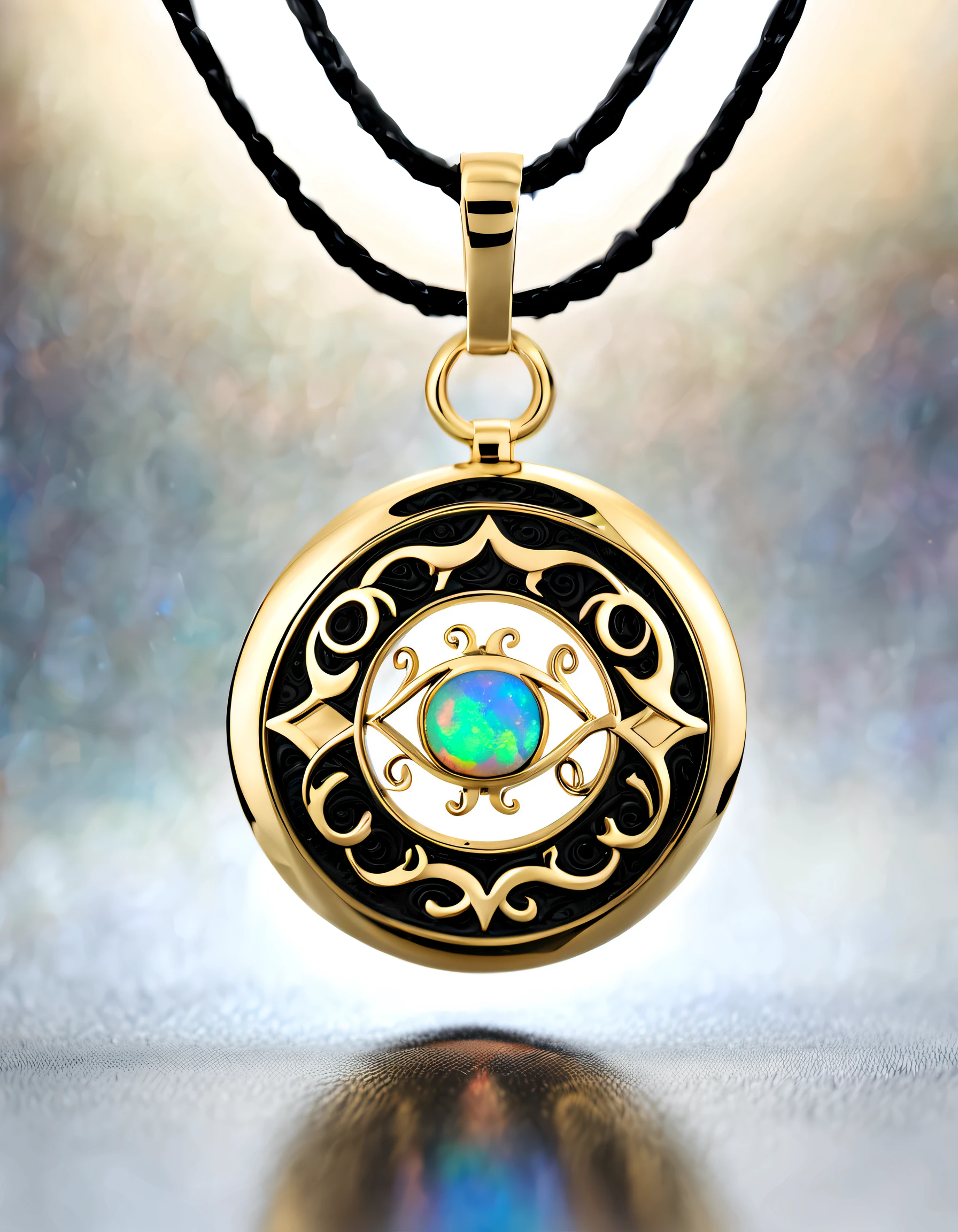 antonio canova style, Item design, Brand design, Logo design,
(Pisces black gold round abstract pendant), (Engraved gold Pisces pattern), (double opal: 1.3), (Pisces zodiac symbol: 1.2), (The pendant is engraved with the letters cindy xu on the side), (Black leather rope), (black and gold border: 1.1), Frosted process, Geometric patterns, Black stone, Beautifully complex structure, Boho Style, Van Cleef & Arpels, cartier,
Background with: The white, jewelry photography, hyper HD, high qulity,