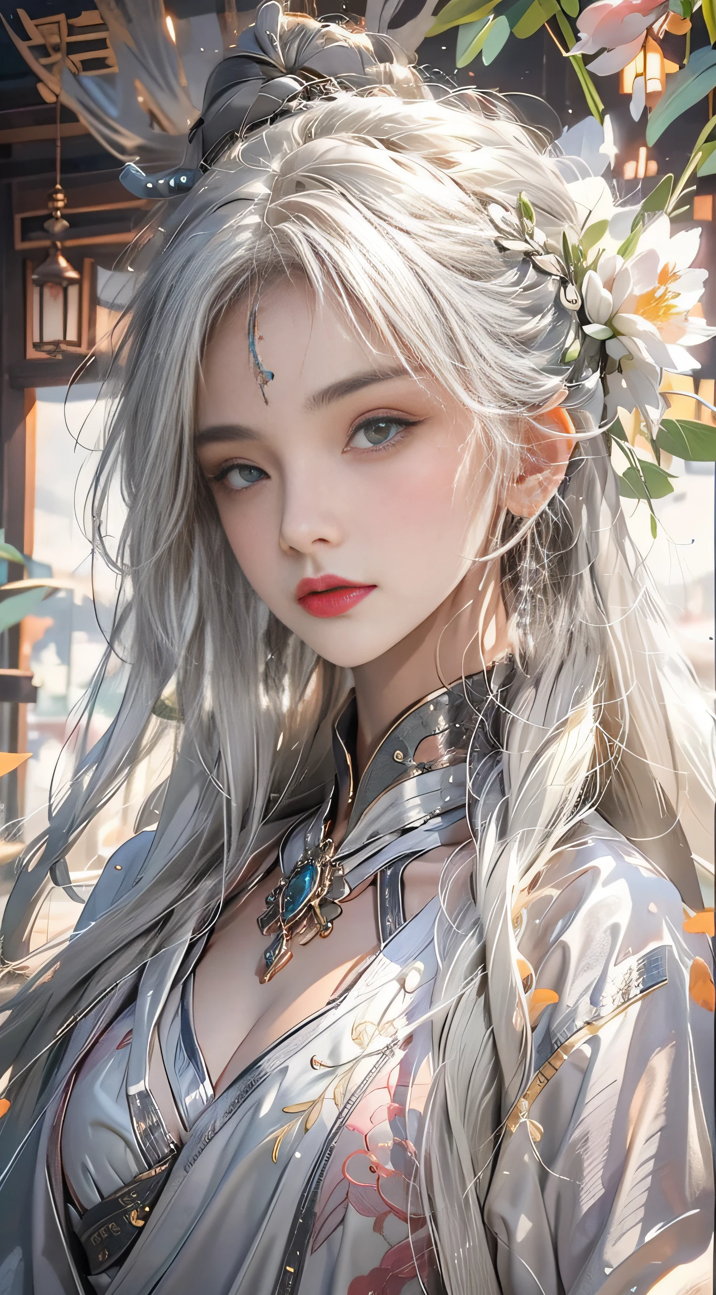 tmasterpiece，Best quality，(the detail:1.4), Make friends with Chinese dragons，intriguing，cheerfulness，Charming，brightly，drak，Close-up of a woman with white hair，Belle peinture de personnage，Guviz-style artwork，White-haired god，Epic and beautiful character art，Stunning character art，Ray traching,NVIDIA RTX,Hyper-Resolution,Unreal 5,Subsurface scattering、PBR Texture、post-proces、Anisotropy Filtering、depth of fields、maximum definition and sharpness、The costumes and facial expressions of the characters are very detailed，Displays a detailed description，Many-Layer Textures、Albedo e mapas Speculares、Surface coloring、Accurate simulation of light-material interactions、perfectly proportions、rendering by octane、Two-colored light、largeaperture、Low ISO、White balance、the rule of thirds、8K raw data