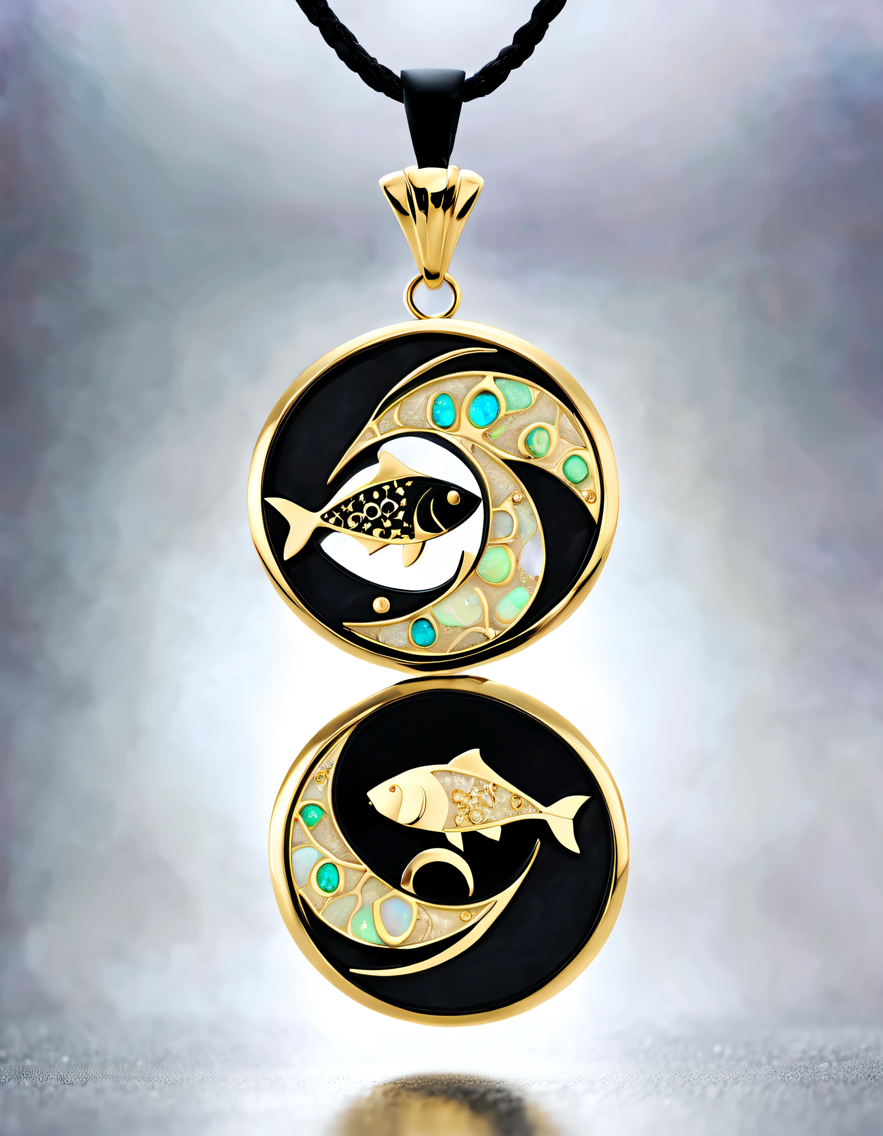 Antonio canova style, item design, brand design, logo design,
(A black and gold circular abstract pendant of Pisces), (engraved with a golden pattern of Pisces), (a double opal: 1.3), (Pisces constellation symbol: 1.2), (pendant side engraved with the letter Cindy Xu), (black leather rope), (black and gold border: 1.1), frosted craftsmanship, geometric patterns, black stones, exquisite and complex structures, Bohemian style, Van Cleef Arpels, Cartier,
Background: White, jewelry photography, ultra-high definition, high quality,