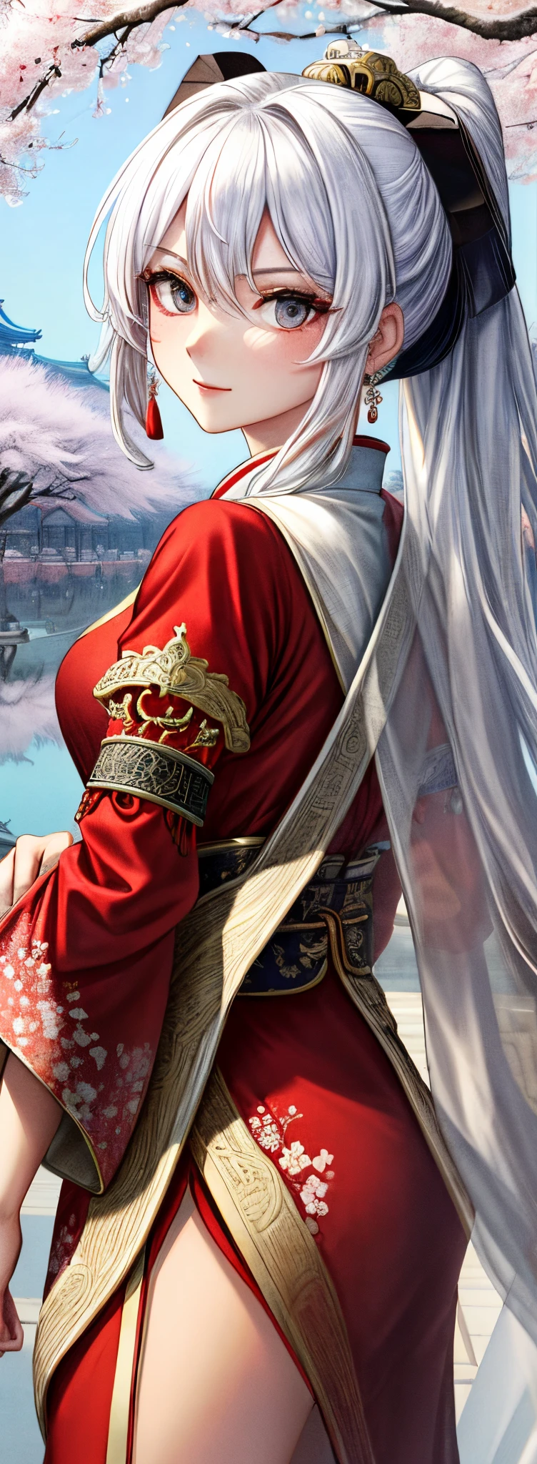 (Best quality at best, A high resolution, tmasterpiece:1.2), ancient wind, One of them is wearing a red antique dress,Tang dynasty architectural style,A girl with an extremely delicate face, extremely cute, beautiful charming. Surrounded by countless palaces, There is a red cherry blossom tree. her eyes are red,,gallant,Handsome and eye-catching,black ponytail,Mature and sexy,Strong,white color hair,The eyes are fierce