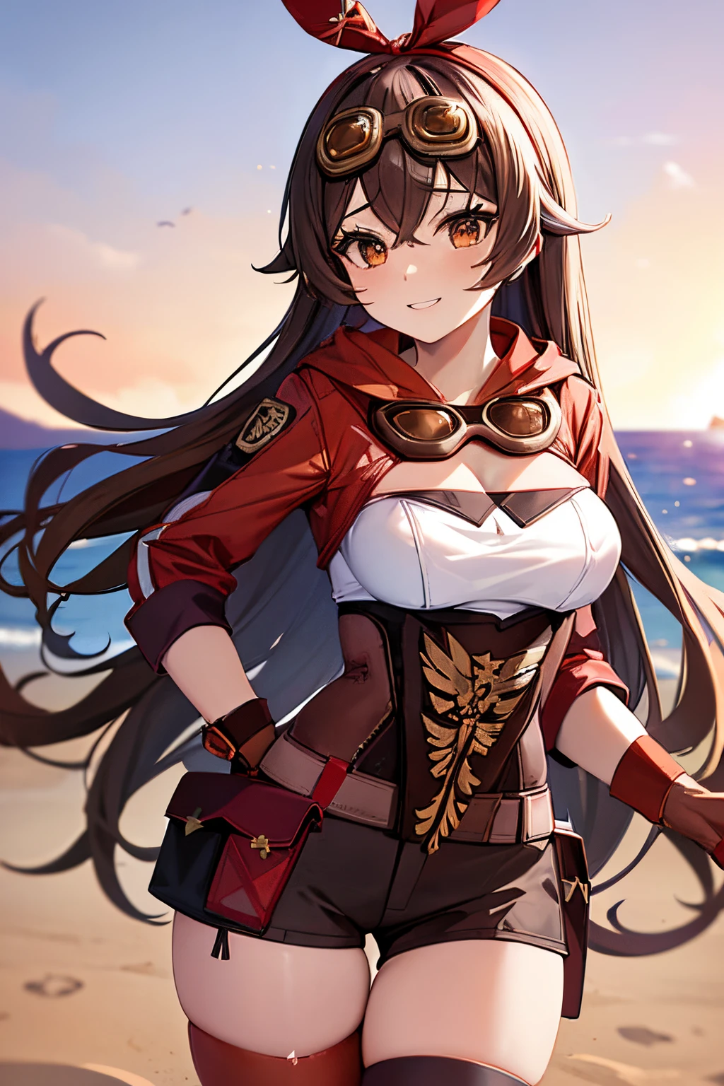 (masterpiece, best quality:1.2),1girl,beautiful purple sunset at beach,upper body,long_hair,breasts,smile,bangs,brown_hair,thighhighs,gloves,long_sleeves,ribbon,cleavage,hair_between_eyes,medium_breasts,jacket,hair_ribbon,thighs,shorts,belt,red_ribbon,orange_eyes,short_shorts,goggles,red_jacket,red_gloves,goggles_on_head,pouch,crossed_bangs,shrug_(clothing),red_thighhighs,brown_shorts,