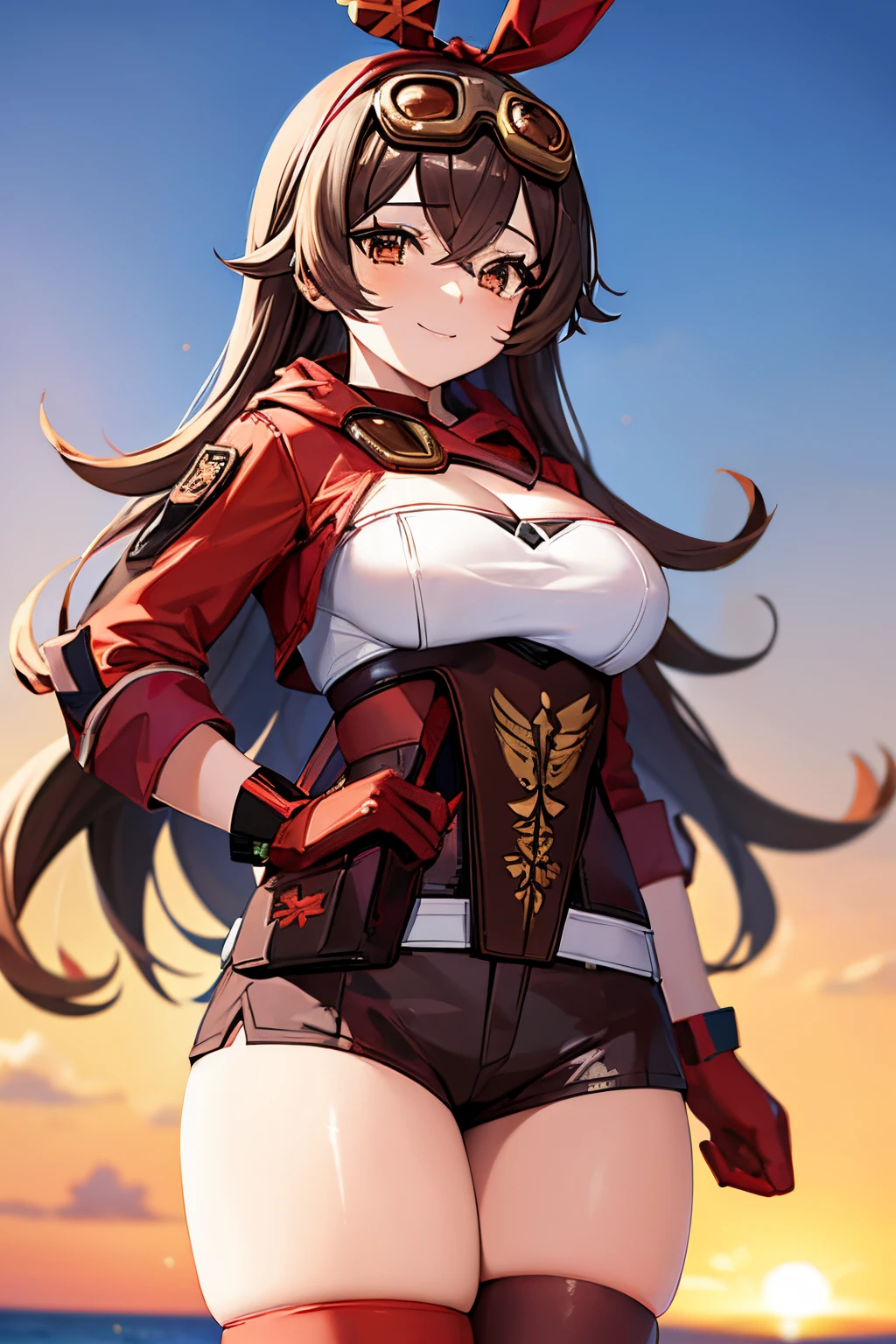 (masterpiece, best quality:1.2),1girl,beautiful purple sunset at beach,upper body,long_hair,breasts,smile,bangs,brown_hair,thighhighs,gloves,long_sleeves,ribbon,cleavage,hair_between_eyes,medium_breasts,jacket,hair_ribbon,thighs,shorts,belt,red_ribbon,orange_eyes,short_shorts,goggles,red_jacket,red_gloves,goggles_on_head,pouch,crossed_bangs,shrug_(clothing),red_thighhighs,brown_shorts,