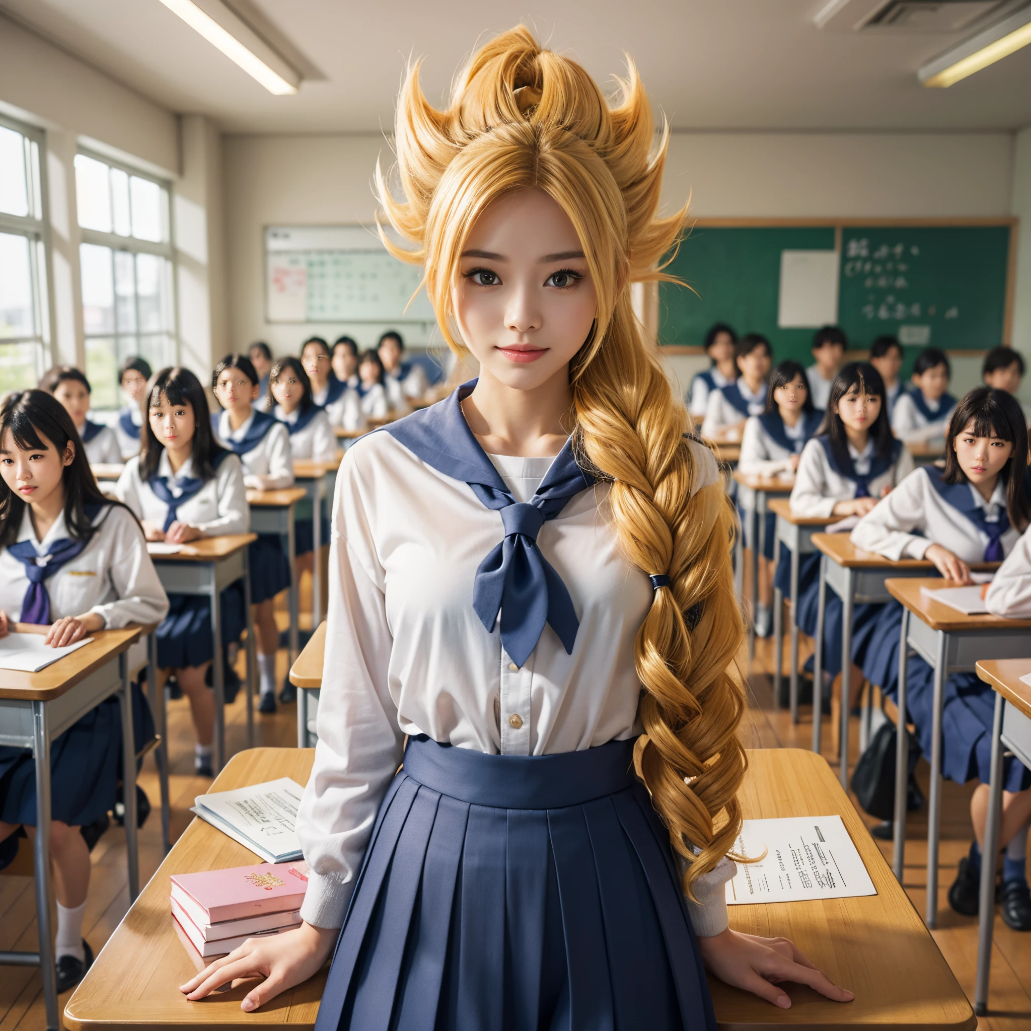 (Raw photo:1.2), (Photorealistic), Beautiful detailed girl, Very detailed eyes and face, Beautiful detailed eyes, Huge file size, High resolution, Very detailed, Best Quality, (masutepiece:1.6), Illustration, Very detailed, Fine detail, Best Quality, 8K Wallpaper, Movie Lighting,A 15-year-old female student transforms into a Super Saiyan, serious female student, School Uniforms, super saiyan in the classroom, long  skirt, White socks, Golden hair, golden aura, Invincible smile, Japan female students , Classroom Desk, chalk board