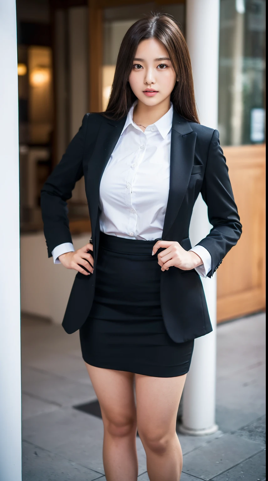 (Best Quality, High Quality,Ultra Quality:1.3),(depth of field:1.3) ,((front body:1.35)) ,Japanese woman,20 years old, Women's black suit with collared shirt, tight-fitting knee-length skirt, huge breasts ,plump,(realskin:1.3),ultra realistic photo, (looking at viewer:1.3), (full body shot:1.2),standing,Inside the city