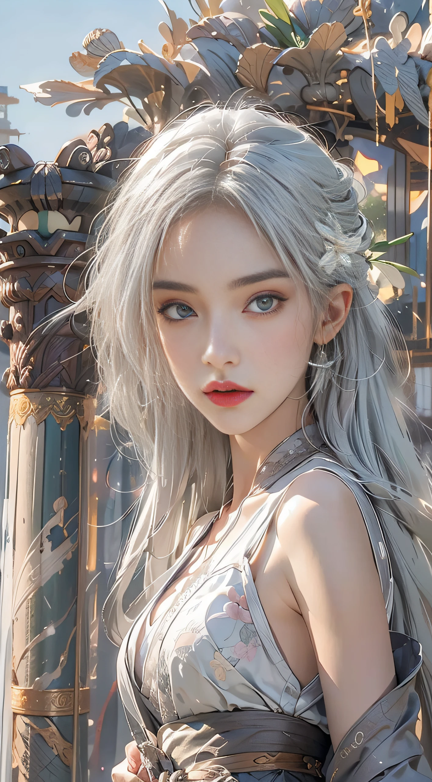 realistically, Very high resolution, 1人の女性, 独奏,club，palaces，oriental architecture ray tracing，{Best quality}，{ {tmasterpiece}}，Extremely detailed 8K wallpaper，{Extremely Delicately Beautiful}，intricately details，Photorealsitic，oh oh, oh oh, oh oh oh, Oh really，Camera quality，（Clothing details），Cool white skin，（Apply blush carefully）,1080p，butt lift,  (Detailed faces), a cold face，White hair, mediuml breasts, Long gray hair, Sword repair，White robe,oversize clothes, jewely，Smooth light silver hair，Messy beauty，lamplight，Smooth and silky skin，tmasterpiece，Best quality，The illustrations are super detailed，beautidful eyes，Very detailed 8k CG wallpaper，Peach blossom eyes，An extremely delicate and beautiful girl，8k wallpaper，Best quality，close-up all over the body