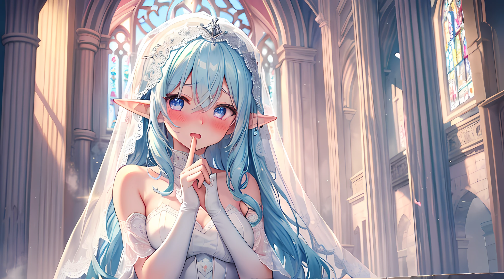 masterpieces, 8k, ultra HD, prim, wedding dress, elegant pose, hand, elf girl, white veil, light blue hair, glare, (blushing: 1.5), open mouth, licking finger, heart eyes, church, standing