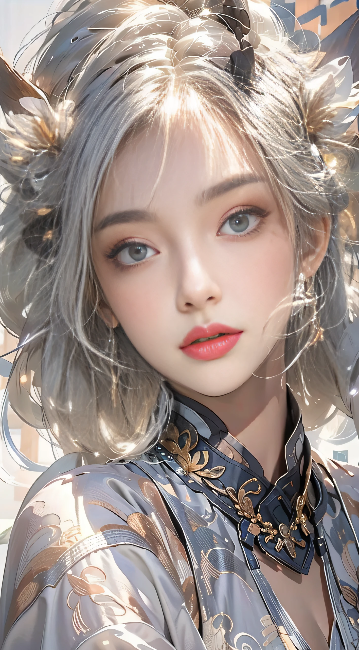realistically, Very high resolution, 1人の女性, 独奏,club，palaces，oriental architecture ray tracing，{Best quality at best}，{ {tmasterpiece}}，Extremely detailed 8K wallpaper，{Extremely Delicately Beautiful}，intricately details，Photorealsitic，oh oh, oh oh, Oooooh, Oh, really，Camera quality，（Clothing details），Cool white skin，（Apply blush carefully）,1080p，butt lift,  (Detailed faces), a cold face，White hair, mediuml breasts, Long gray hair, Sword repair，White robe,oversize clothes, jewely，Smooth light silver hair，Messy beauty，lamplight，Smooth and silky skin，tmasterpiece，Best quality at best，The illustrations are super detailed，beautidful eyes，Very detailed 8k CG wallpaper，Peach blossom eyes，An extremely delicate and beautiful girl，8k wallpaper，Best quality at best，close-up all over the body，((Hands have details))