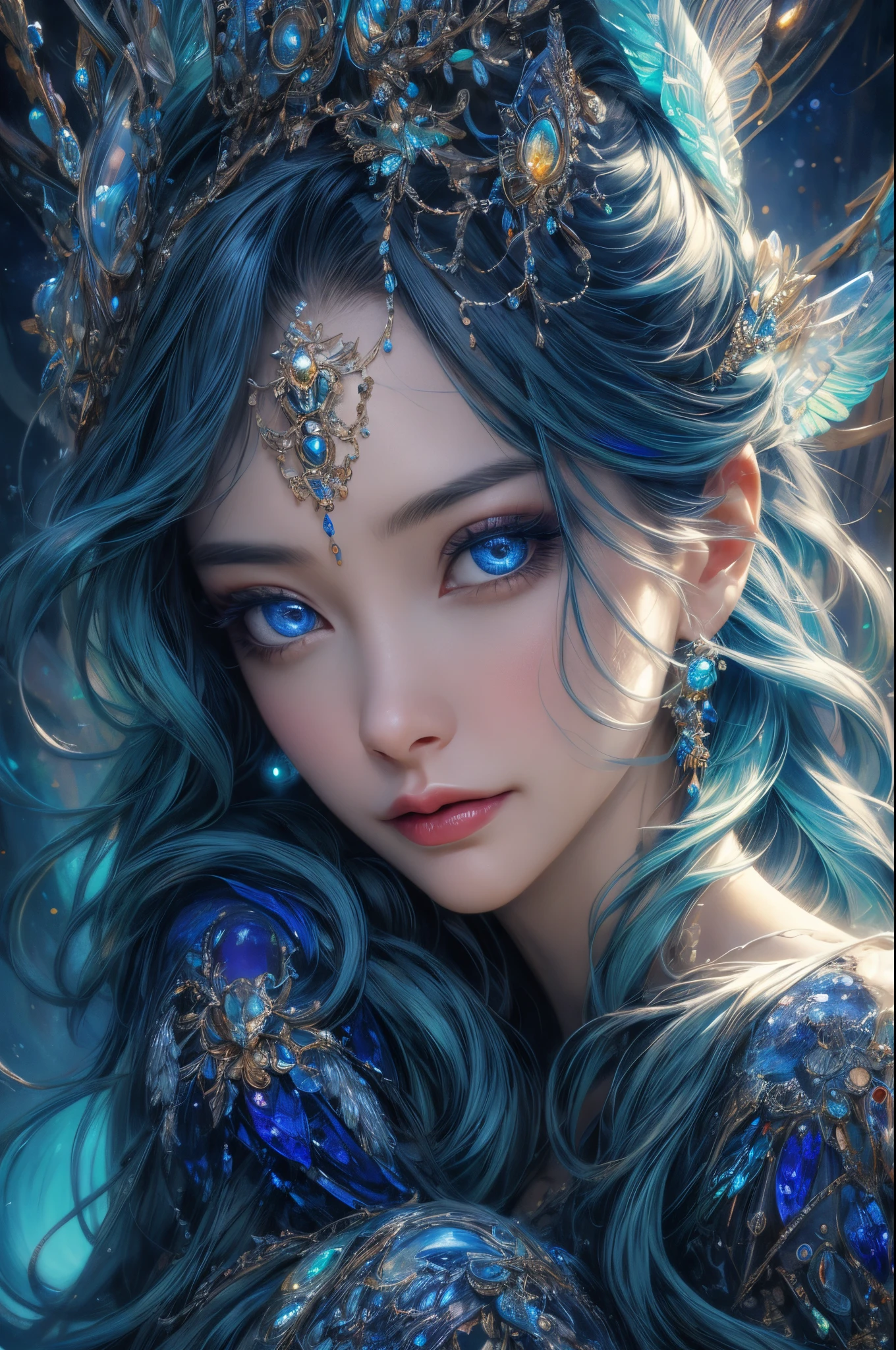 incredibily detailed, A high resolution, Best quality at best, tmasterpiece: 1.2, actual, 詳細な目, 詳細な唇, Extremely detailed eyes and face, Long eyelashes, sportrait, oil painted, kosmos, goddes, Particle, The halo, Bio-luminescence: 0.95, A vibrant, Colorful, glowing, complex composition, 电影灯光, Complex, Symmetrical: 0.5, Surreal.