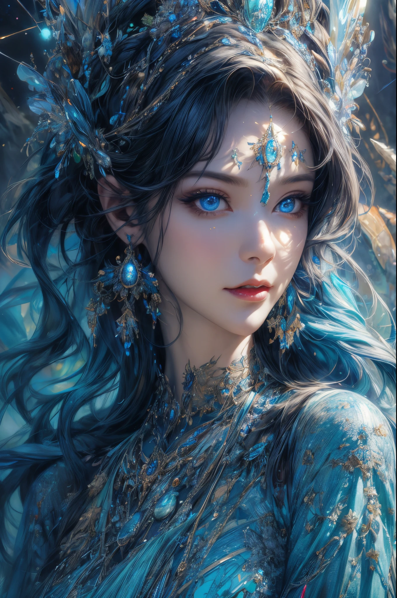 incredibily detailed, A high resolution, Best quality at best, tmasterpiece: 1.2, actual, 詳細な目, 詳細な唇, Extremely detailed eyes and face, Long eyelashes, sportrait, oil painted, kosmos, goddes, Particle, The halo, Bio-luminescence: 0.95, A vibrant, Colorful, glowing, complex composition, 电影灯光, Complex, Symmetrical: 0.5, Surreal.