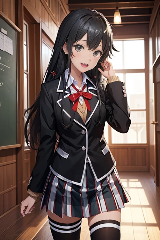 (masterpiece, best quality:1.2), cowboy shot, solo, 1girl, yukinoshita yukino, smile, open mouth, looking at viewer, cute pose, school uniform, black jacket, plaid skirt, black stockings