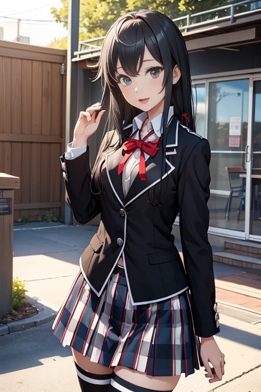 (masterpiece, best quality:1.2), cowboy shot, solo, 1girl, yukinoshita yukino, smile, closed mouth, looking at viewer, , black jacket, plaid skirt, thighhighs