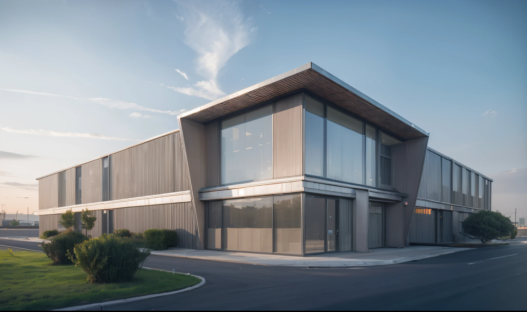 (((tmasterpiece))),((Best quality at best)),Award-winning architectural exterior design,building exterior,Factory Appearance,Industrial plants,glass,steel , aluminium,Asphalt pavement,grassy fields,Octagon rendering, Ray traching, The content is very detailed,hyper realisitc,Hyper Real
