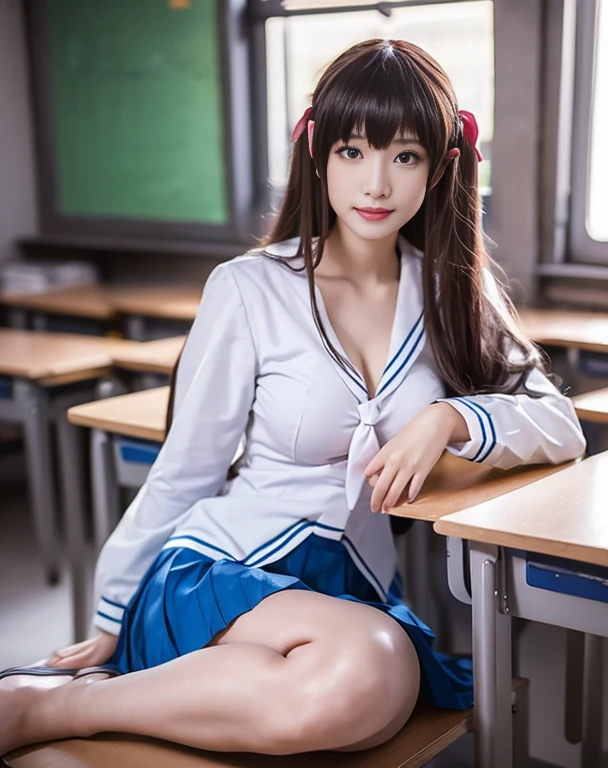 Show the whole body, feet in sight, sitting in classroom、top-quality、ultraclear、((a 16 year old girl、Beautiful Meticulous Girl))、ssmile、Long hair details、pony tails，beautiful detailed eyes and face、extremely detailed eye、Well-proportioned face，Cute big breasts:1.2、japanes、Japan goddess、small heads、with a round face、A high resolution、Anatomically correct、Accurate depiction、sittinng on the desk、(sitted，Open the crotch，legs separated))、Young gravure idols、Strike action-packed poses、校服、(white  shirt、blue skirts、Red Tie、White lace panties)、bare-legged、full, Large breasts、Not wearing a bra、Bigchest、perfect body figure、Good hands and feet、On a table、NSFW:1.01