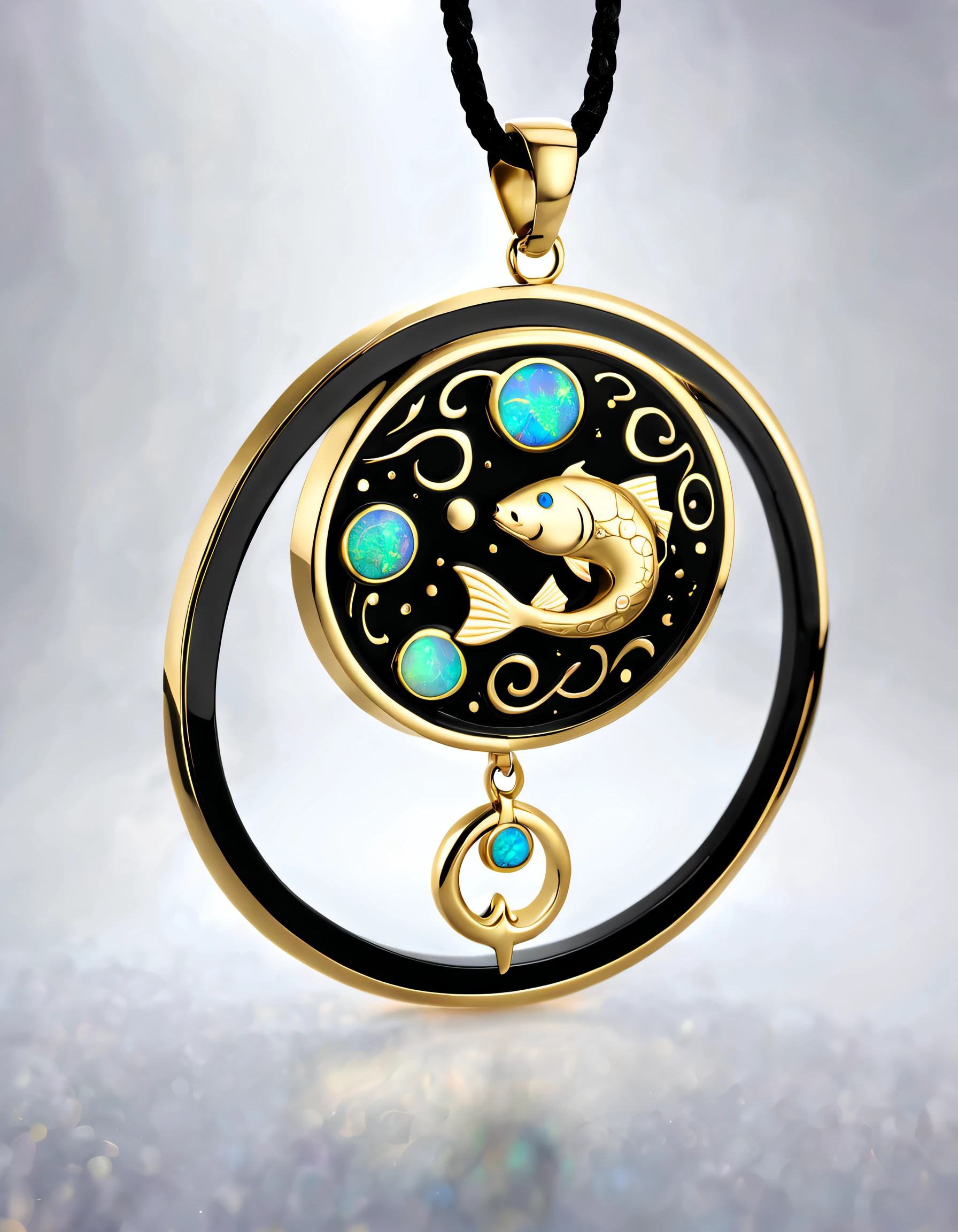 Antonio canova style, item design, brand design, logo design,
(A black and gold circular abstract pendant of Pisces), (engraved with a golden pattern of a little Pisces), (a double opal: 1.3), (Pisces constellation symbol: 1.2), (pendant side engraved with the letter Cindy Xu), (black leather rope), (black and gold border: 1.1), frosted craftsmanship, geometric patterns, black stones, exquisite and complex structures, Bohemian style, Van Cleopard, Cartier,
Background: White, jewelry photography, ultra-high definition, high quality,