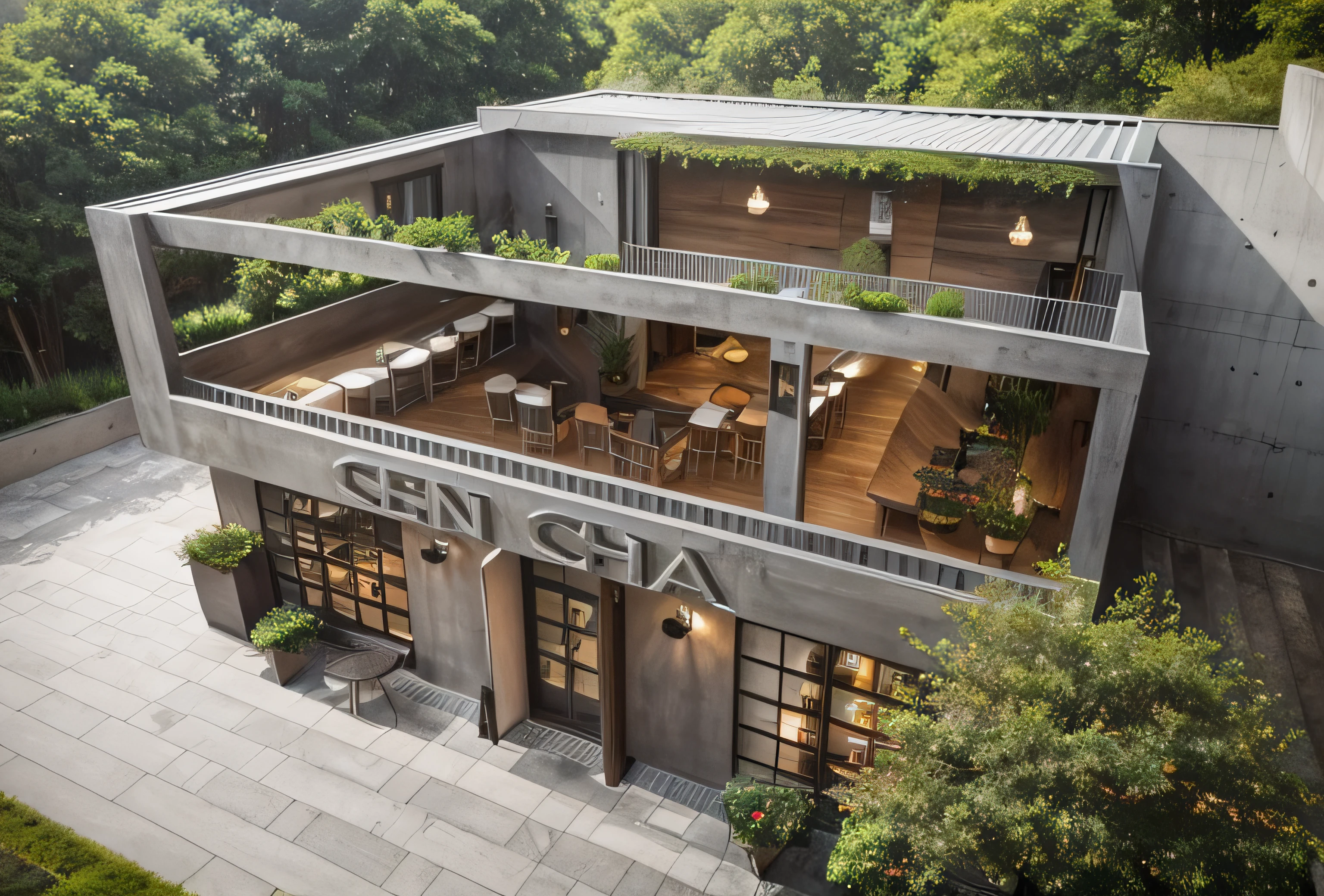 Architecture and Construction: Using Iron and Concrete: The café is primarily built using industrial materials such as iron and concrete, creating a sense of solidity, sturdiness, while still carrying strong aesthetic and modern elements. Open Structure: The design features an open space with large window frames, allowing natural light and an airy environment, fostering a connection with nature outside. Interior Design and Decoration: Metal Furniture: Chairs, tables, bookshelves, and other café items are made from iron or metal, often in black or stainless steel, creating an industrial and modern appeal. Concrete Color Scheme: Floors and ceilings are often painted in concrete colors or left in their natural concrete state, creating a unique beauty and accentuating the iron/metallic furniture. Incorporating Natural Greenery: To soften the industrial space, the café utilizes greenery such as plants, potted grass, climbing vines, adding vibrant accents and a sense of closeness to nature. Design Details: Warm Lighting: Warm decorative lighting is used to create a cozy, muted, and relaxing ambiance. Lighting mainly comes from pendant lights, table lamps, and wall sconces. Simplicity in Style: The design is neat, creatively thought out, yet not overly intricate. Optimizing space to create a comfortable ambiance for customers. Natural Setting: Utilizing decorations like flowers, leaves, hanging plant lamps, or plant stands to create a cozy and comfortable environment, enhancing the natural ambiance of the café. Outdoor Space (if available): Greenery in Outdoor Area: If there's an outdoor space, incorporating greenery, flower pots, artificial grass carpets, or even climbing plants to create a cool, relaxing, and inviting environment for customers. Summary: Industrial-themed cafes using iron and concrete often bring about uniqueness, modernity, and strength. Coupled with the use of natural elements, the space becomes warm, closer to nature, and creates vivid focal points, h