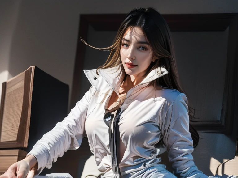 (best quality,4k,highres,masterpiece:1.2), ultra-detailed, realistic:1.37, beautiful woman sitting at a desk, with her unique long hair flowing down her back, wearing a white tight leather jacket and a revealing white vest on top, highlighting her curvaceous physique. Her face exudes perfection with her stunning detailed eyes and high nose bridge. She has fair, flawless skin.