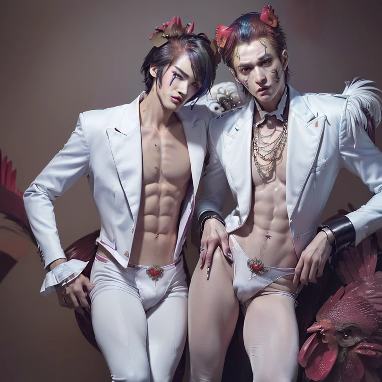 (8k, RAW photo, best quality, homoerotic, looking at viewer, face, eyes:1.5), (1boy, slender androgynous male, queer, depraved sissy villain, masculine crotch, rooster:1.65)