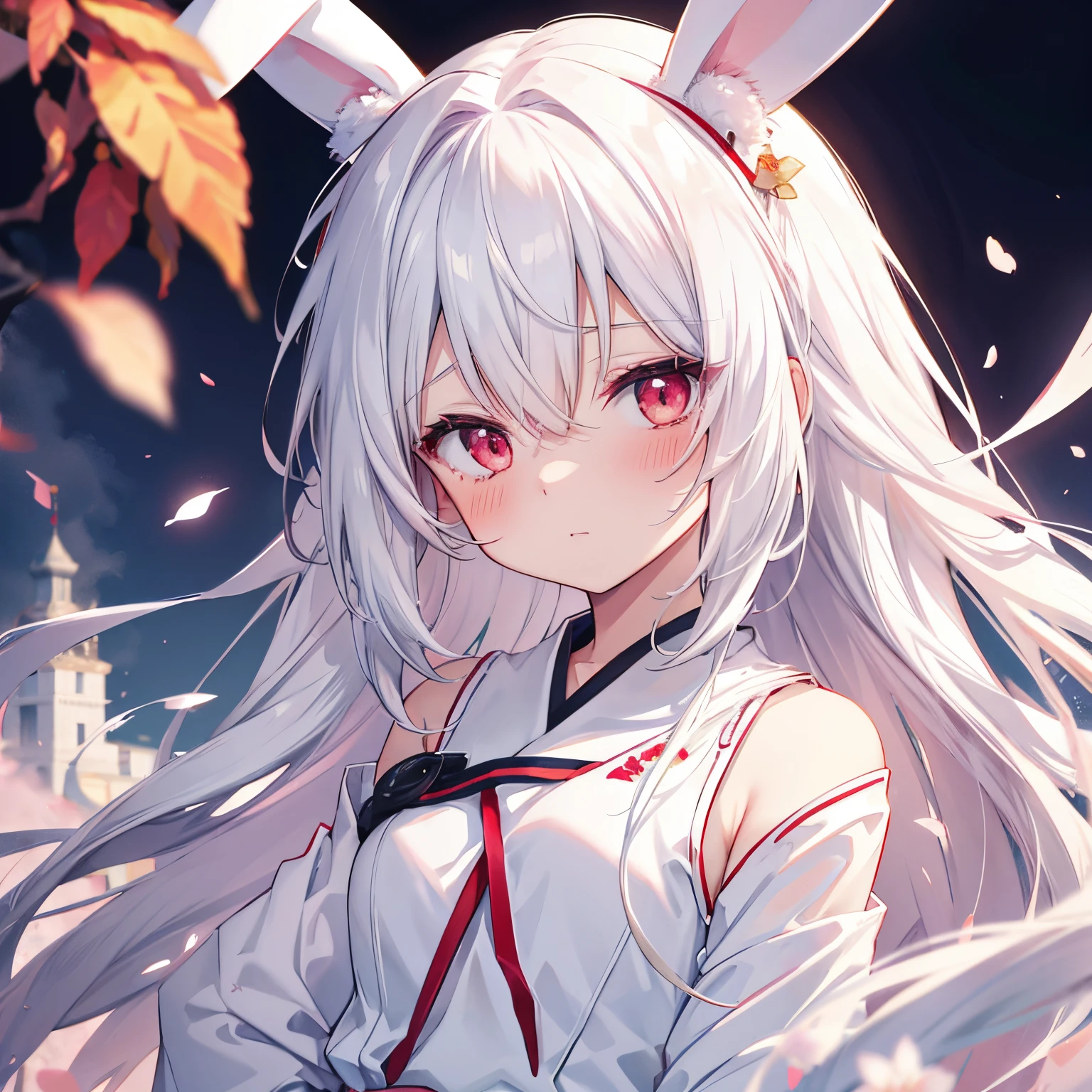 White hair bunny ears anime girl, red eyes, Shy blush, 校服