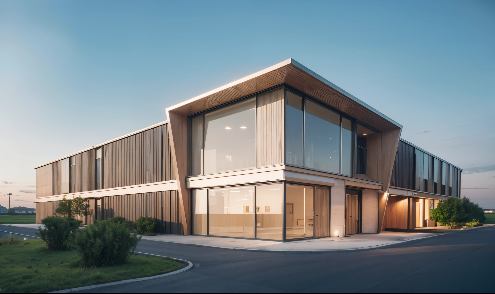 (((tmasterpiece))),((Best quality)),Award-winning architectural exterior design,building exterior,Factory Appearance,Industrial plants,glass,steel , aluminium,Asphalt pavement,grassy fields,Octagon rendering, ray traycing, The content is very detailed,hyper realisitc,Hyper Real