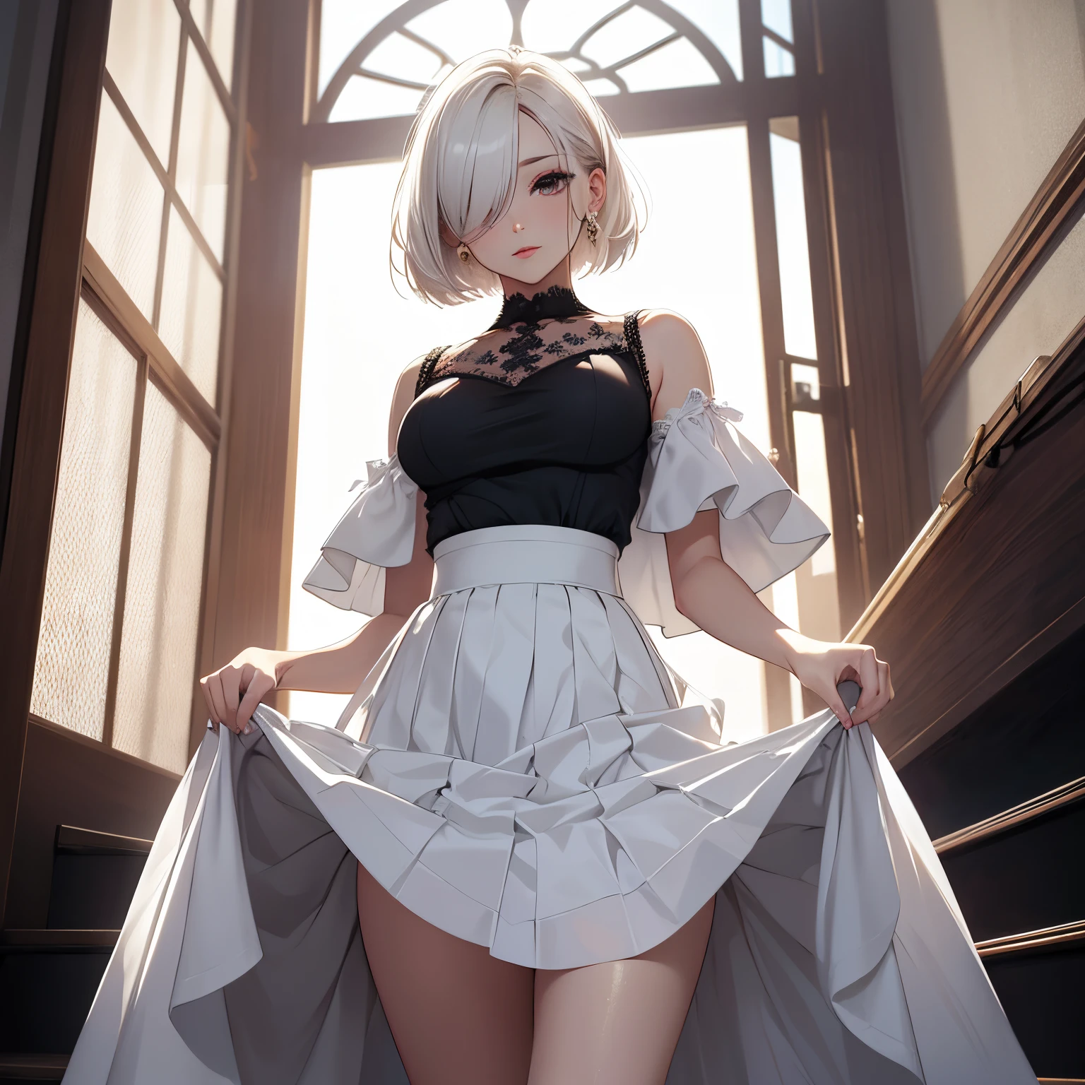 (from below1.4), super high quality, 8k, RAW photo, realistic, wearing white casual long dress, (skirt lift:1.4), black lace skimpy bottom thong panty, wind, white messy short hair, forehead, hair over one eye, cute woman, full makeup, shining gold big eyes, annoying sexy expressions, red sexy thick lips, medium breasts, slender, perfect proportion, background stairs
