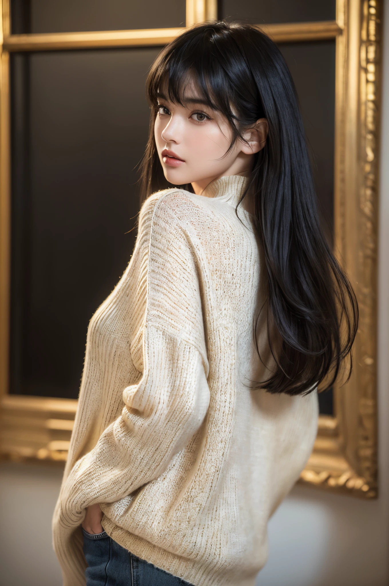 (masterpiece:1.3), (8k, photorealistic, RAW photo, best quality: 1.4), (1girl), beautiful face, (realistic face), (black hair, bangs:1.3), beautiful hairstyle, realistic eyes, beautiful detailed eyes, (realistic skin), beautiful skin, (sweater), absurdres, attractive, ultra high res, ultra realistic, highly detailed, golden ratio, looking over back, hand in pocket