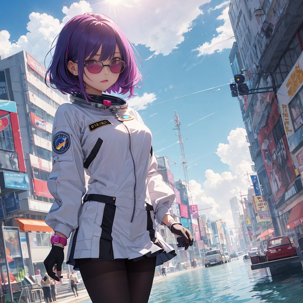 masterpiece, Best Quality,CFCs, 1girl in, explosions, Only_shoulders, Skirt, breasts, gloves, Jewelry, Large_breasts, tall_hair, tall_sleeves, pantyhose, Purple_Eyes, Purple_hair, Shirt, 独奏,viewer,Sunglasses,bikini of, (Sun, cloud,About Renaissance City water,Outdoors :1.1),served in blender((isometric)),Anime Girl、cute little、2D beautiful girl, Wearing an astronaut suit, Neon blue hair, And pink color, wounds, a sticker, Neon style throughout the shot, Cool pose、detaileds、high-level image quality、Delicate painting、valedictorian、Masterpiece