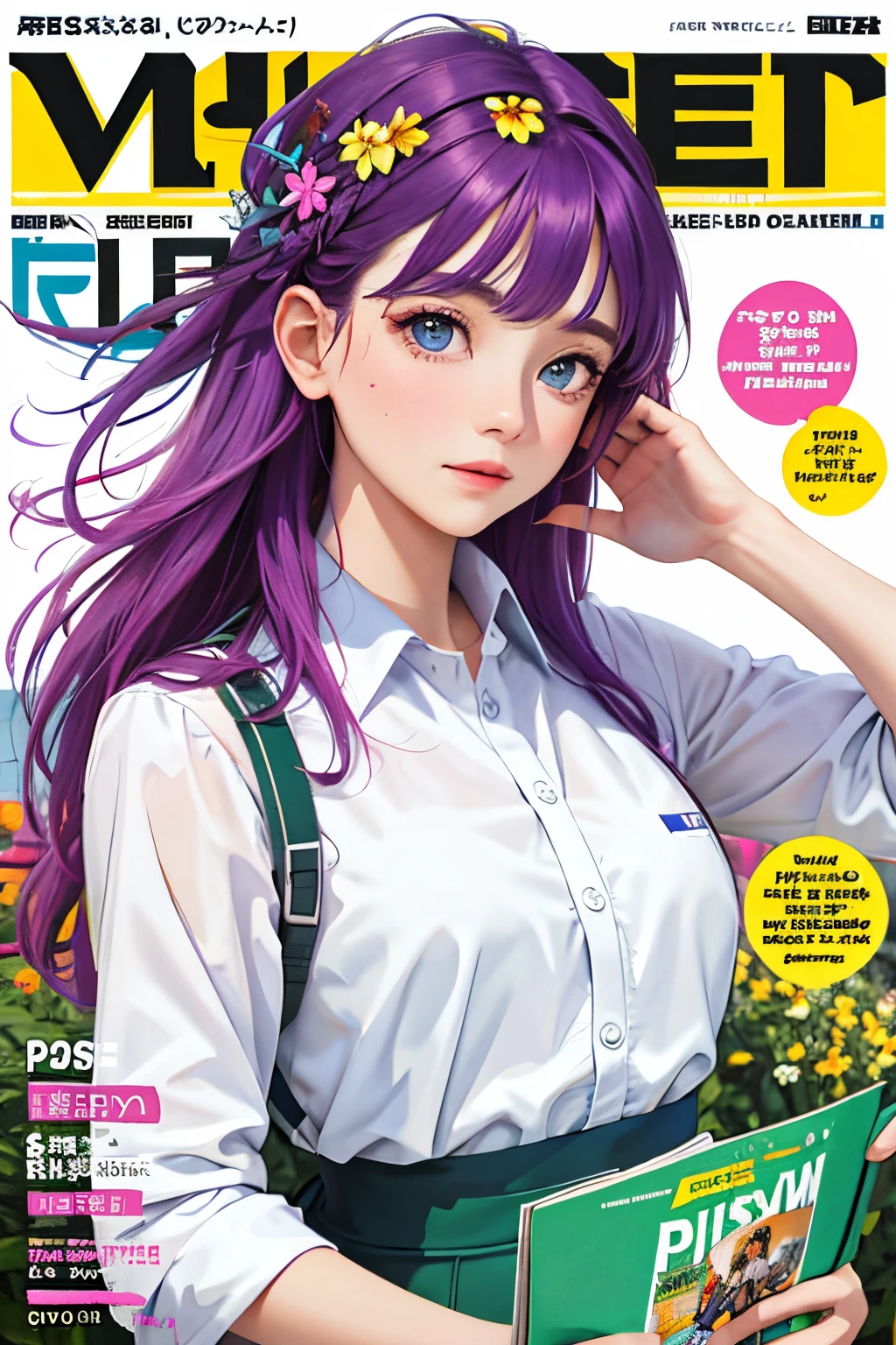 masterpiece, best quality, spring outfit, colorful hair, outdoor, magazine cover ,upper body,