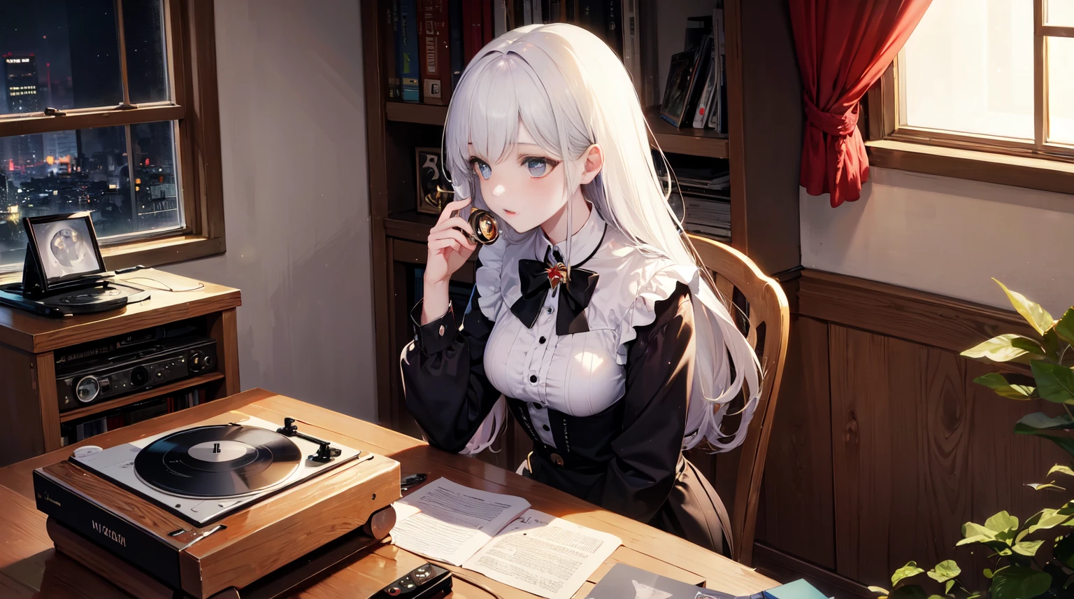 8K, Top  Quality, Moonlight pours in through a small open window on a dark night., Busty girl looking out the window holding a kitten, the record player is running