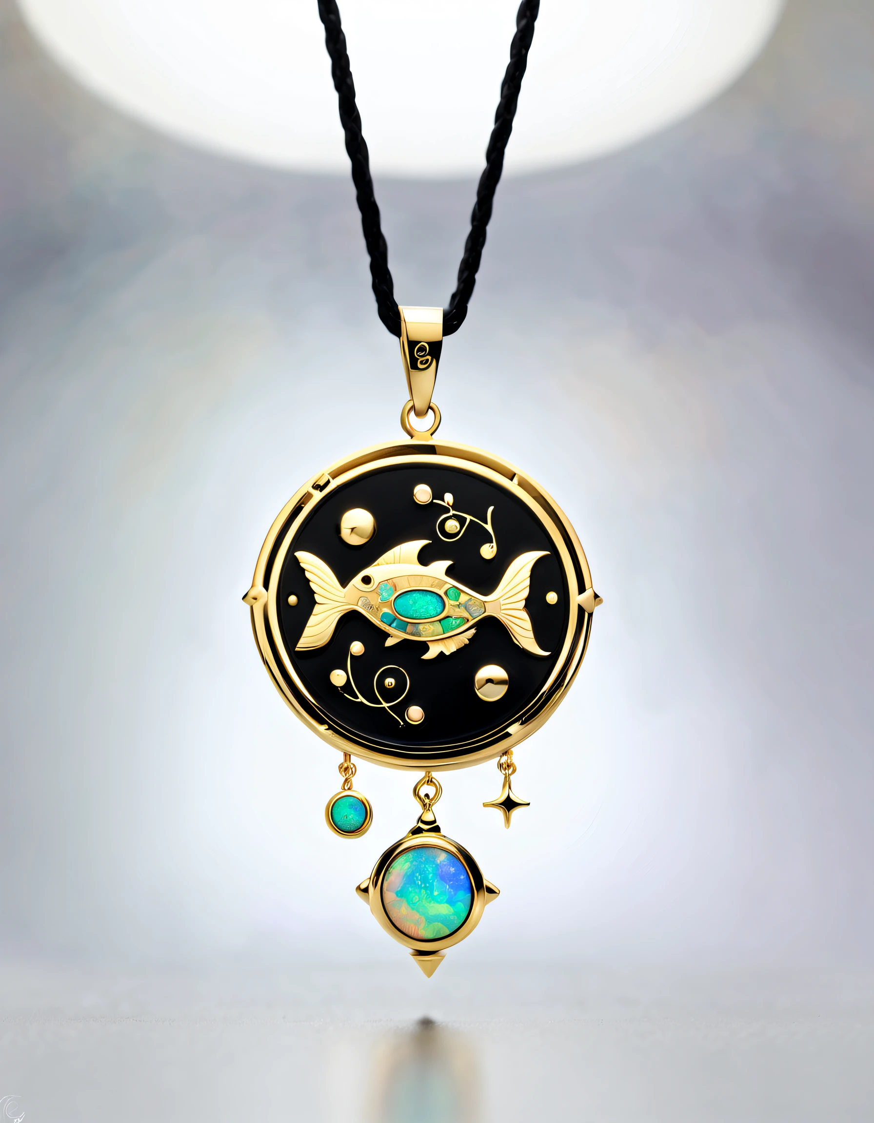 Antonio canova style, item design, brand design, logo design, (A black and gold circular abstract pendant of Pisces), (engraved with a pattern of two small golden fish), (a double opal: 1.3), (Pisces constellation symbol: 1.2), (pendant side engraved with the letter Cindy Xu), (black leather rope), (black and gold border: 1.1), frosted craftsmanship, geometric pattern, black stone, exquisite and complex structure, Bohemian style, Van Cleopard, Cartier, Background: White, jewelry photography, ultra-high definition, high quality,