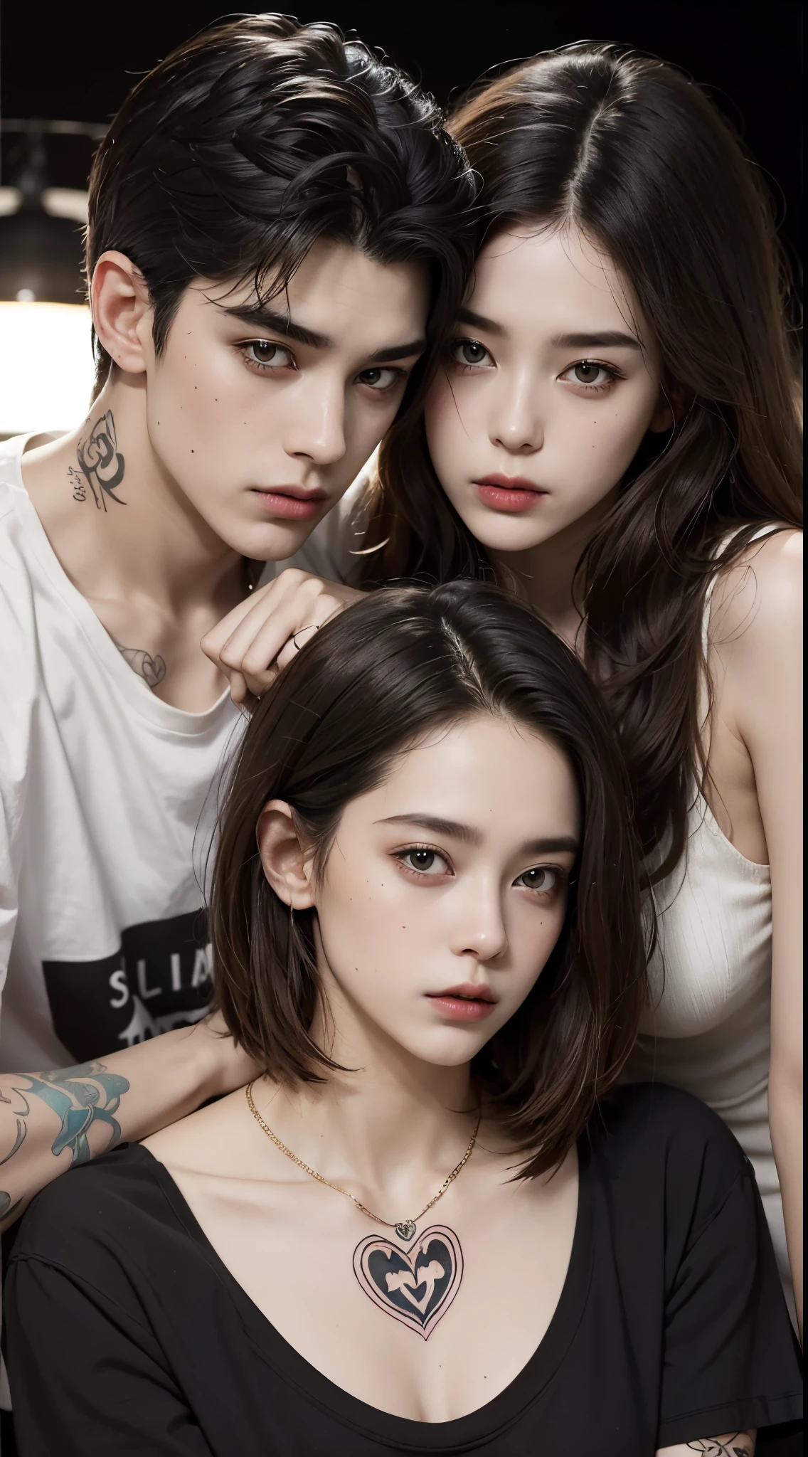 masterpiece, best quality, realistic, highly detailed, 2girl, duo, twins, (body shot), poker face, short wolfcut hair, black hair, glasses, large breast, ((black T-shirt)), kissing each other, Lips pierced, ((full tatto on neck)), beautiful girl, A tomboy face, Flat face without expression, bedroom background, detail eyes, detail hair, perfect lighting
