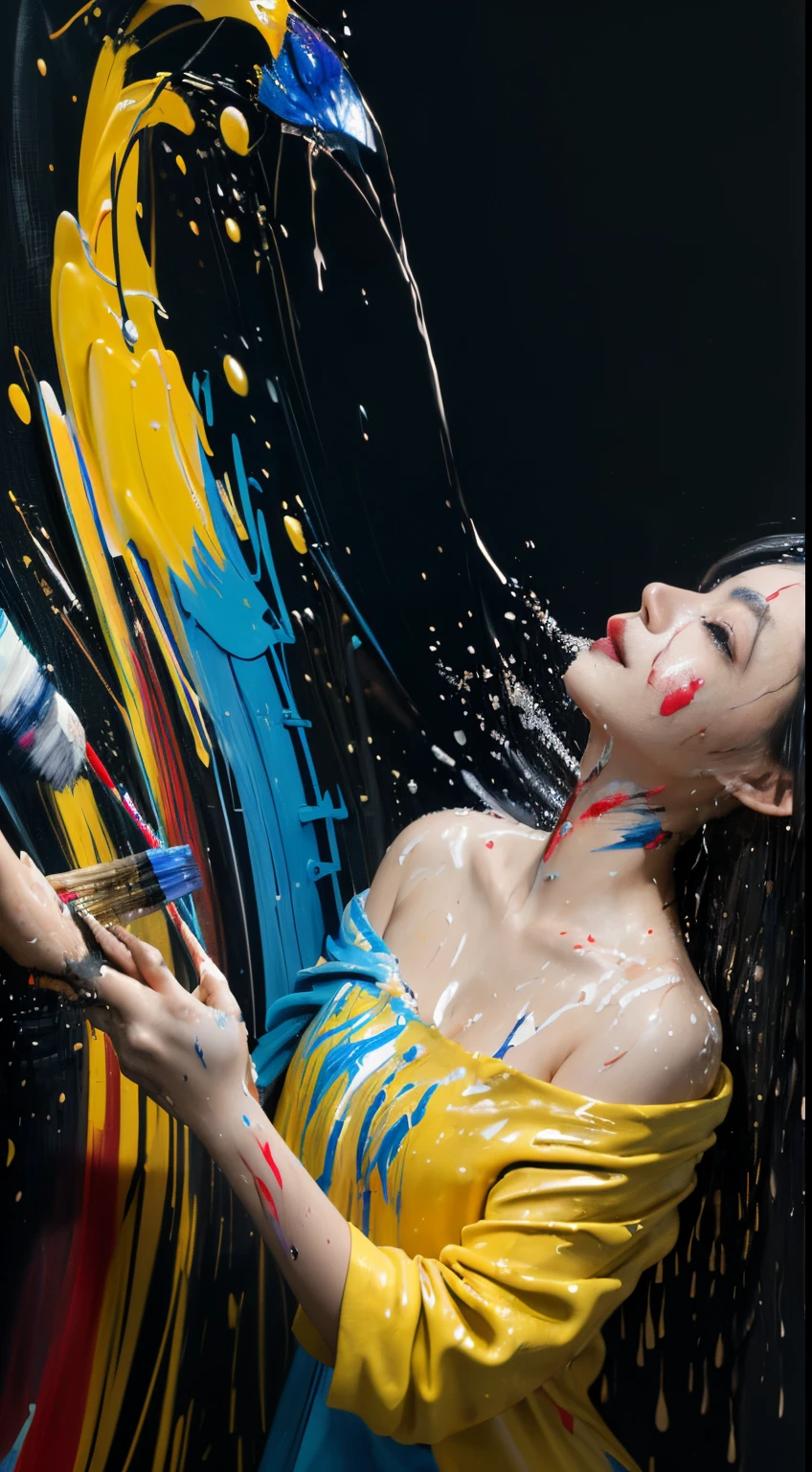 masterpiece,best quality,ultra high res,visually stunning,beautiful,(abstract art:1.3), dark theme,deep shadow,
1girl, (Lying:1.2), (paint poured on the body:1.4), (splash, brushwork:1.5)