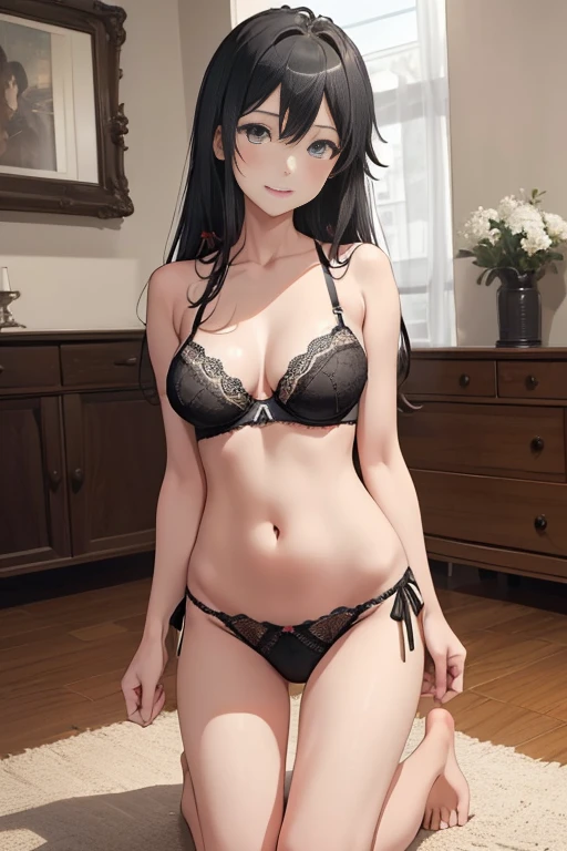 (masterpiece, best quality:1.2), cowboy shot, solo, 1girl, yukinoshita yukino, smile, open mouth, looking back, cute pose, ((black lace bra)), ((black lace )), black stockings, ((full body)), ((kneeling)), living room, ((show feets:1.4))